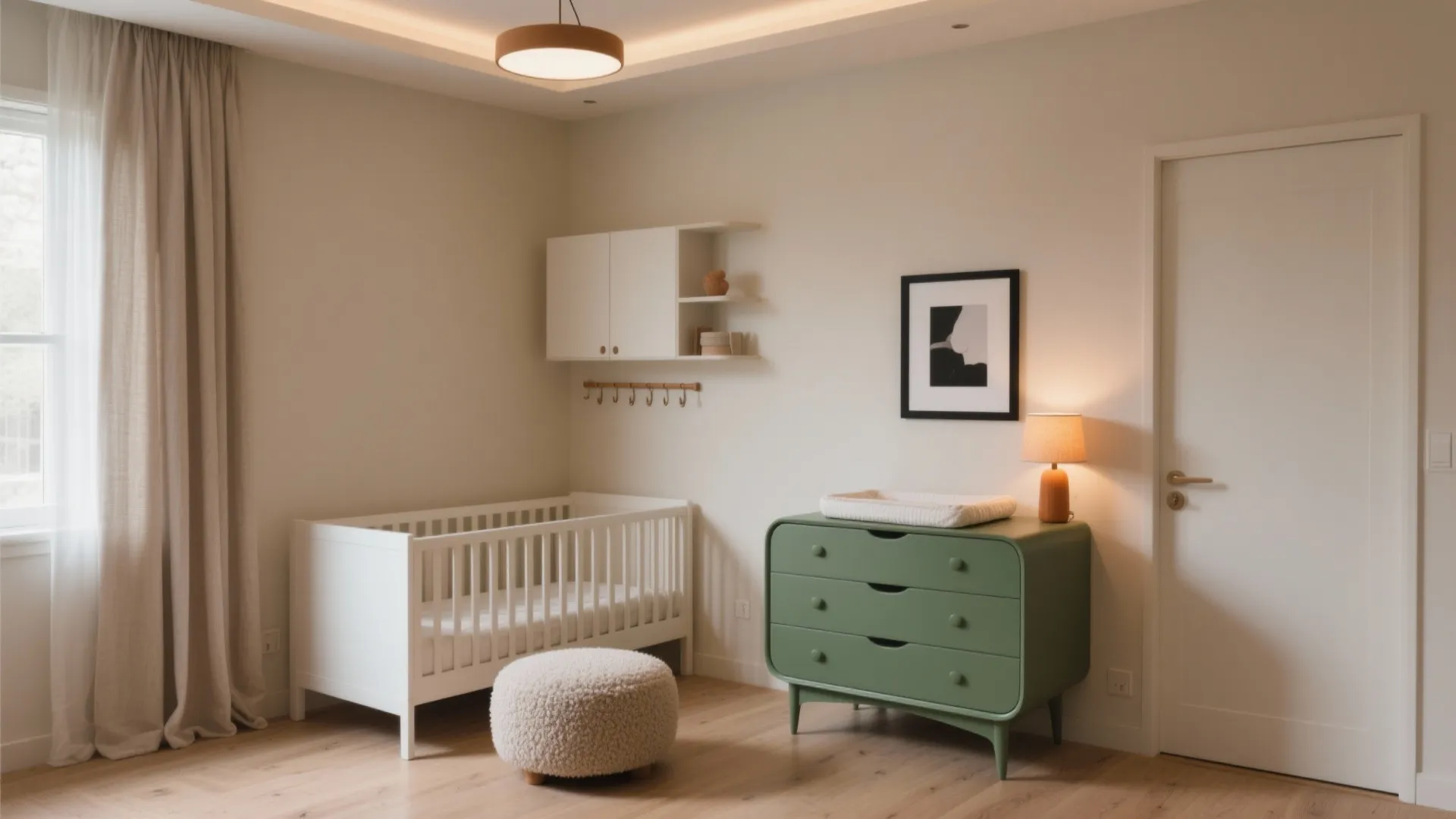 Modern baby nursery with white crib green cabinet small footrest wall light and natural light