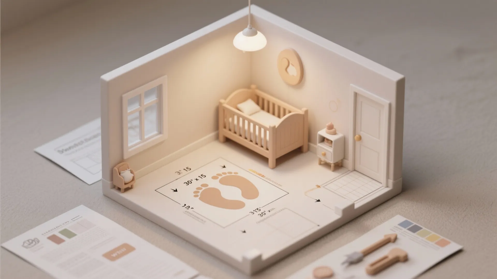 Interior design drawing showing small nursery room layout with baby crib cabinet and one ceiling light