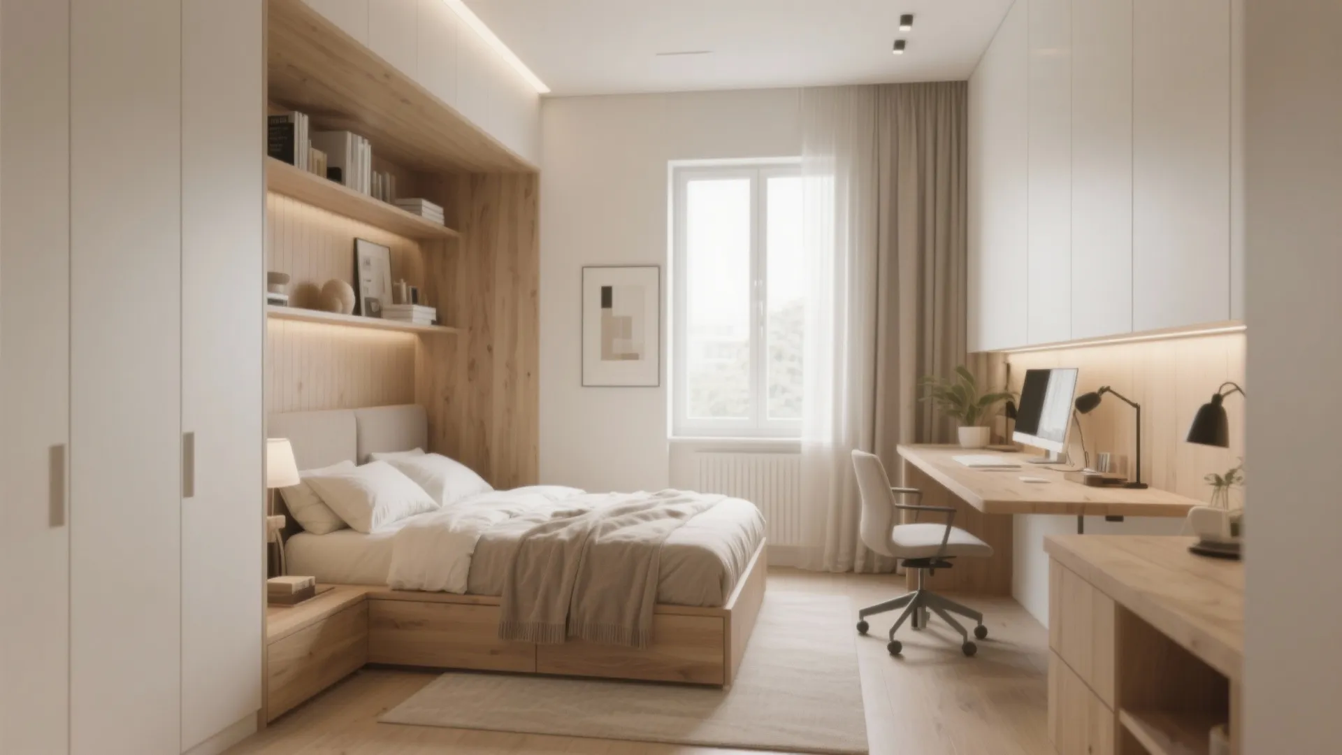 Modern small bedroom with a wooden bed frame integrated into shelving next to a desk