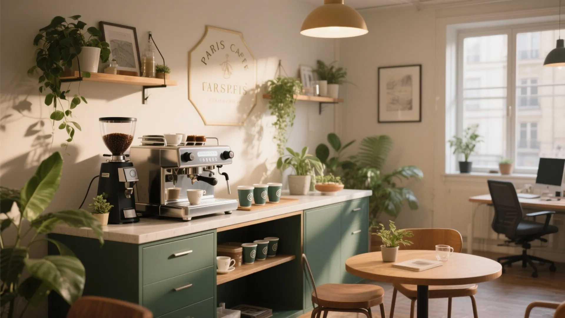 Office coffee corner featuring green cabinets, espresso machine, grinder, wooden table, chairs, and indoor plants