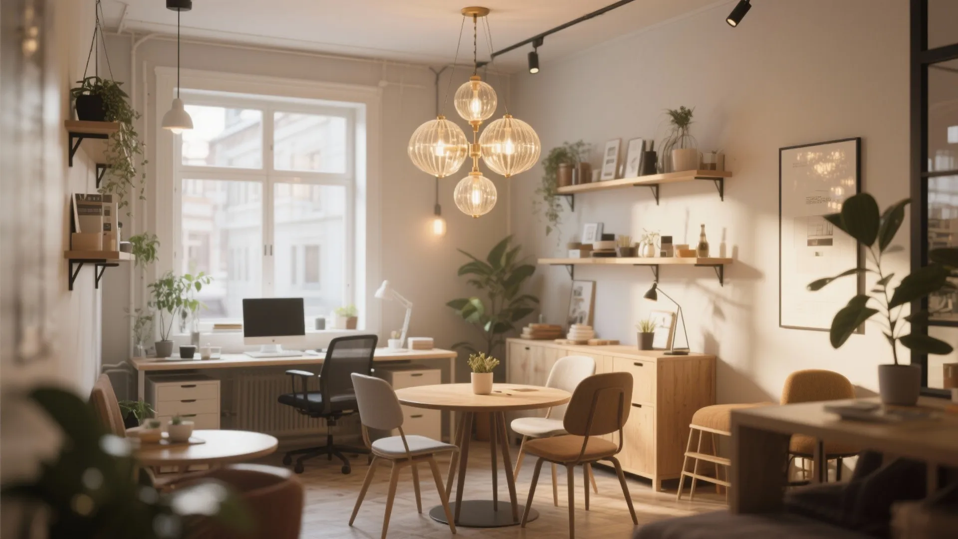 Bright home office interior featuring round wooden table chairs wall shelves and globe ceiling light