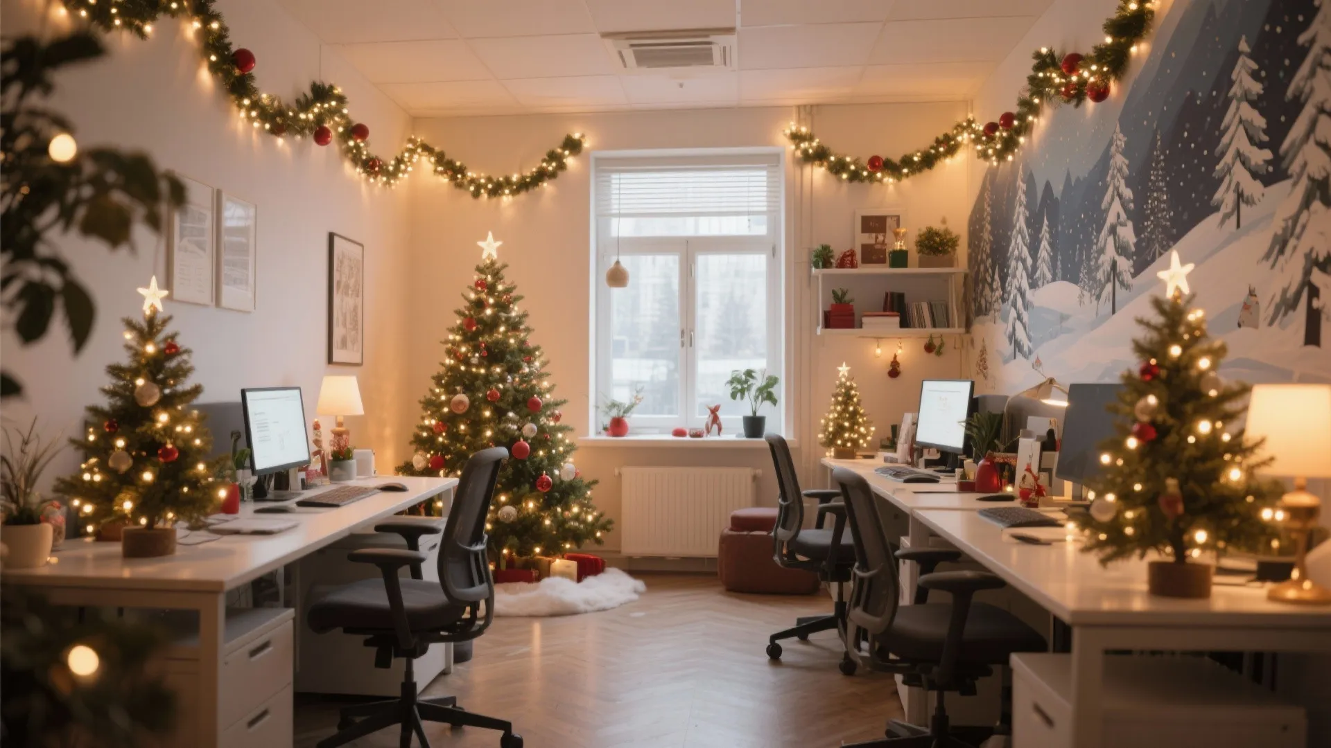 Small office space decorated with multiple Christmas trees and glowing light garlands across clean walls