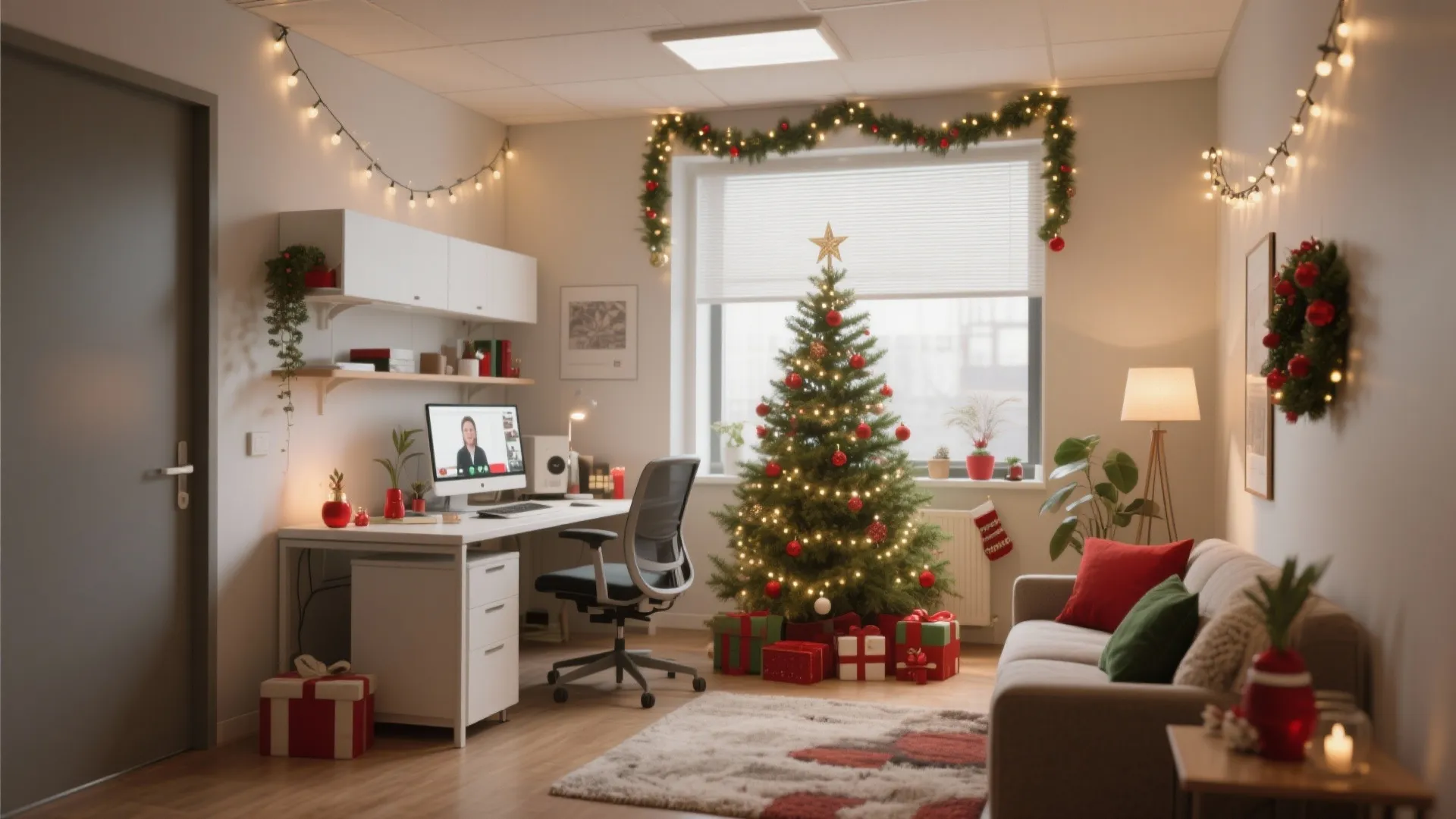 Home office with Christmas tree gifts desk sofa string lights and computer screen video call