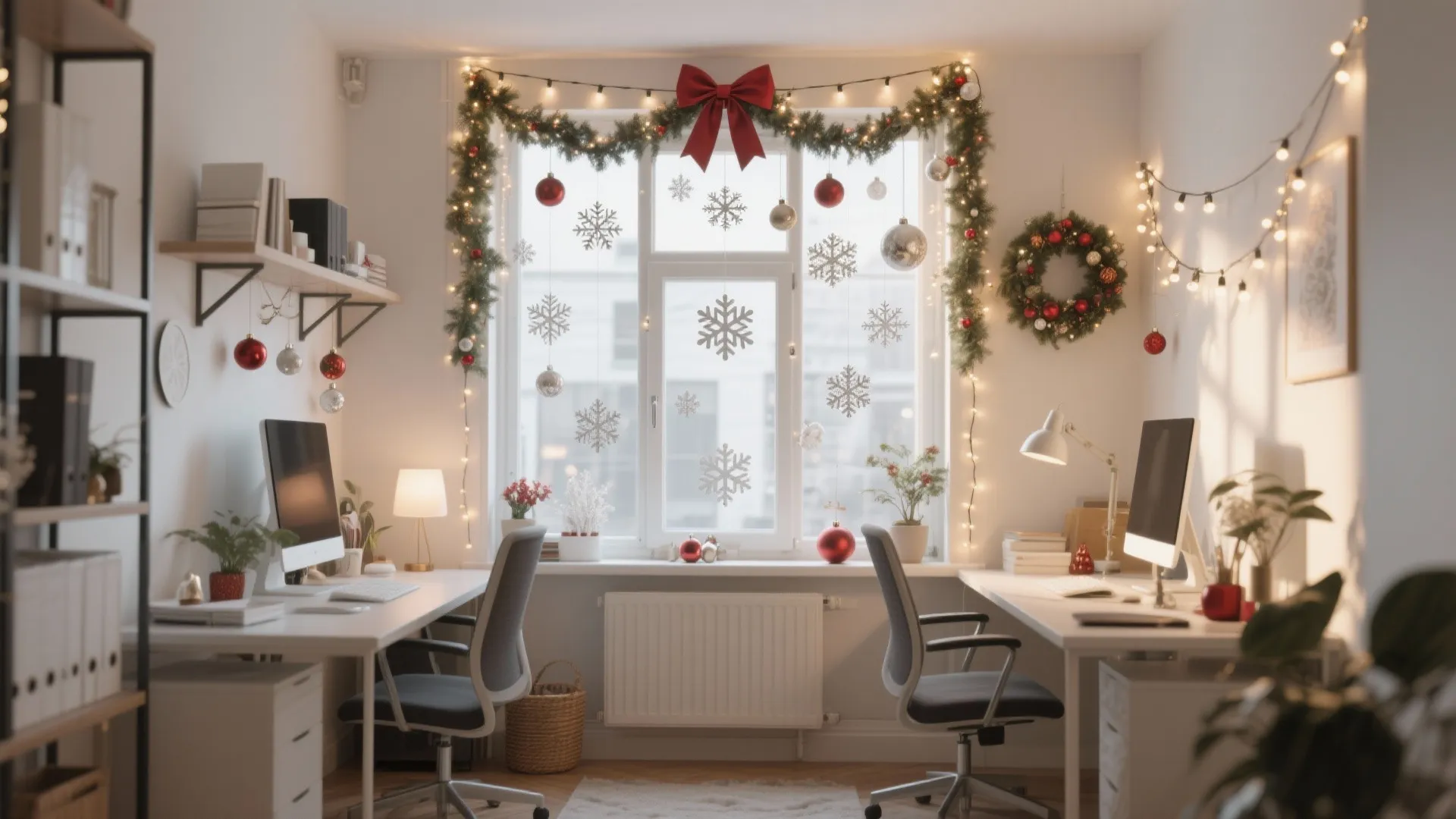 Modern office workspace with two desks computers chairs and festive Christmas decorations around the window