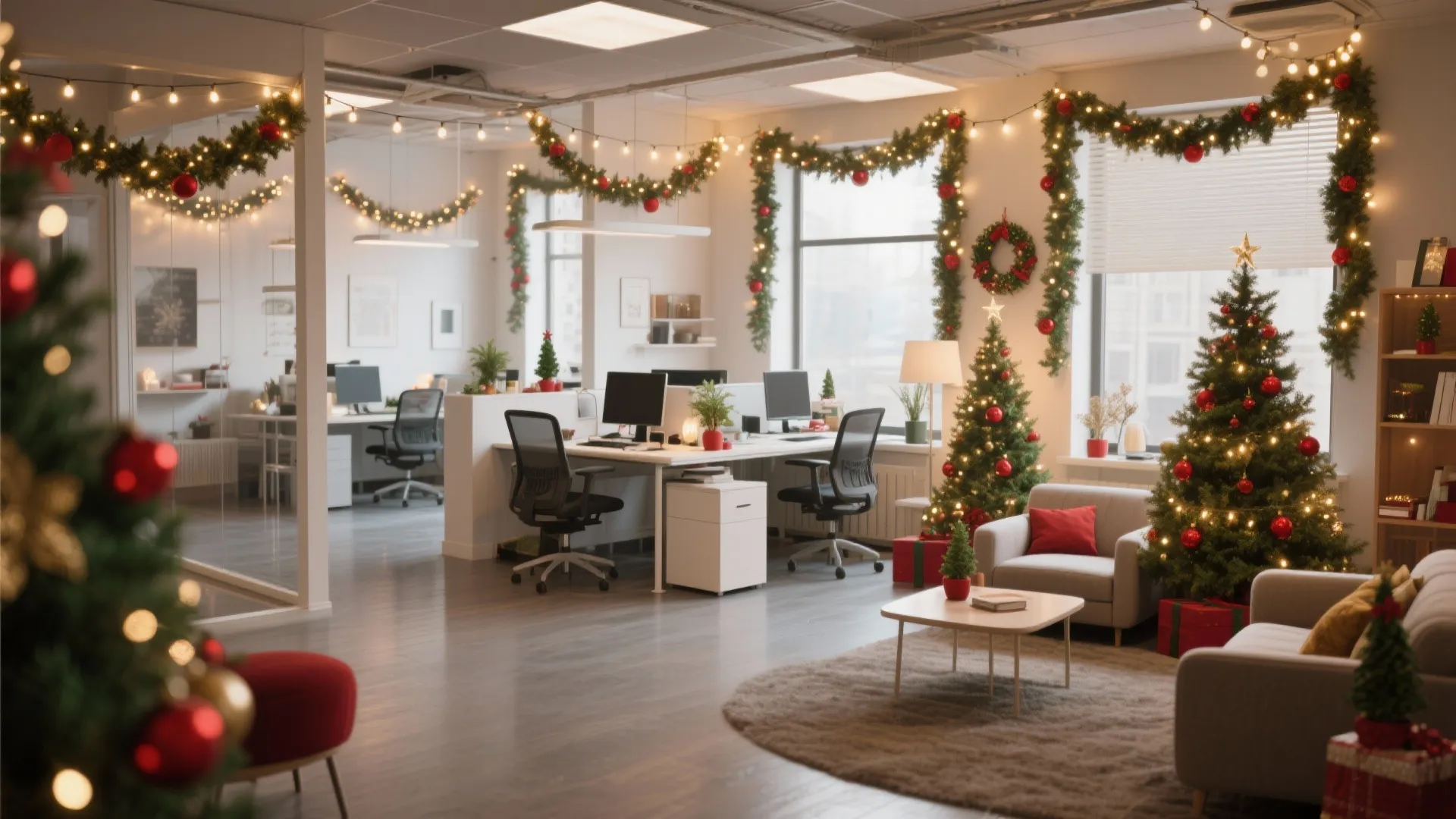 Modern office interior decorated with Christmas trees green garlands string lights and cozy lounge area