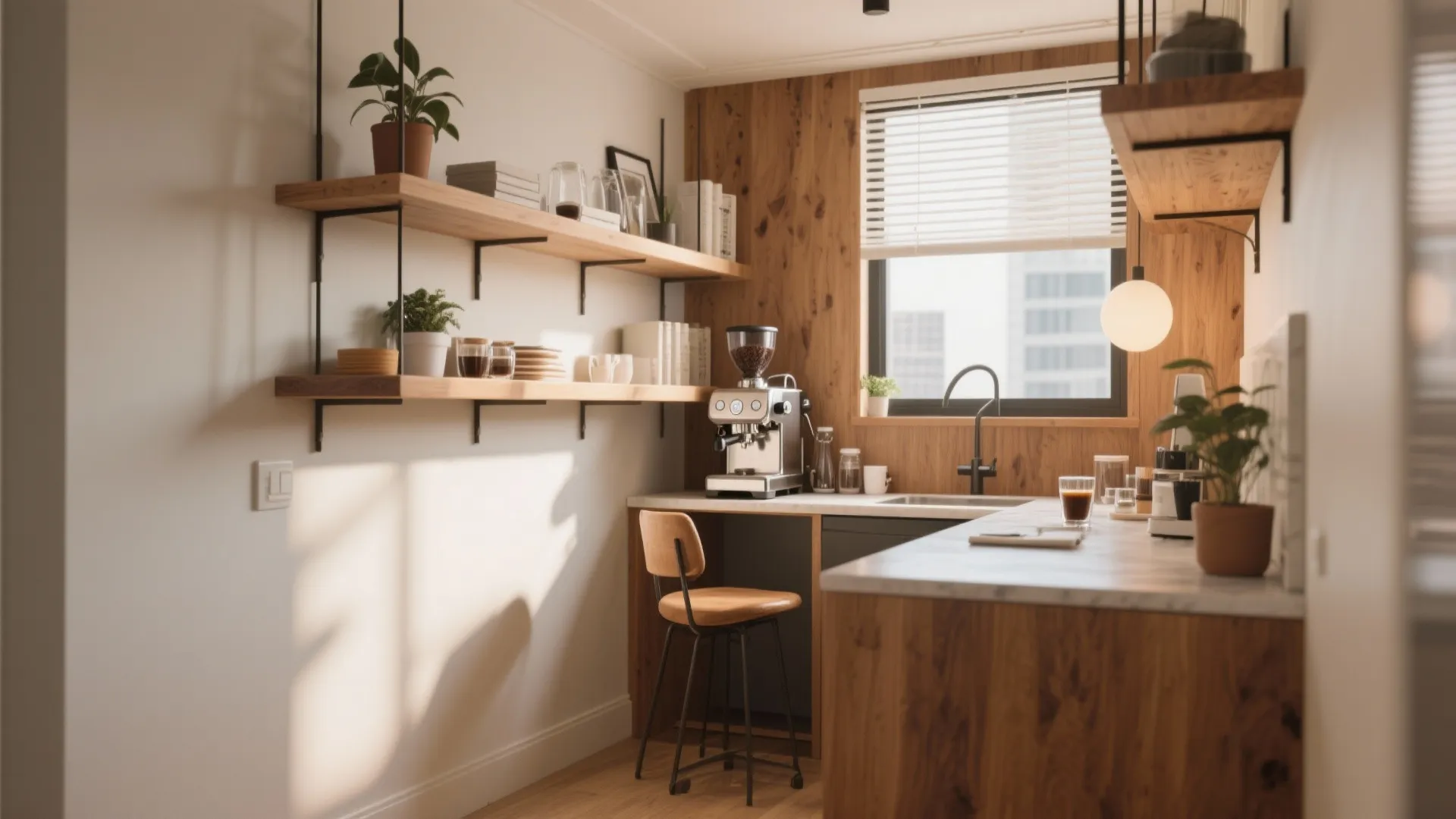 Small home office coffee bar with wooden wall panels, shelves, espresso machine, chair, and window