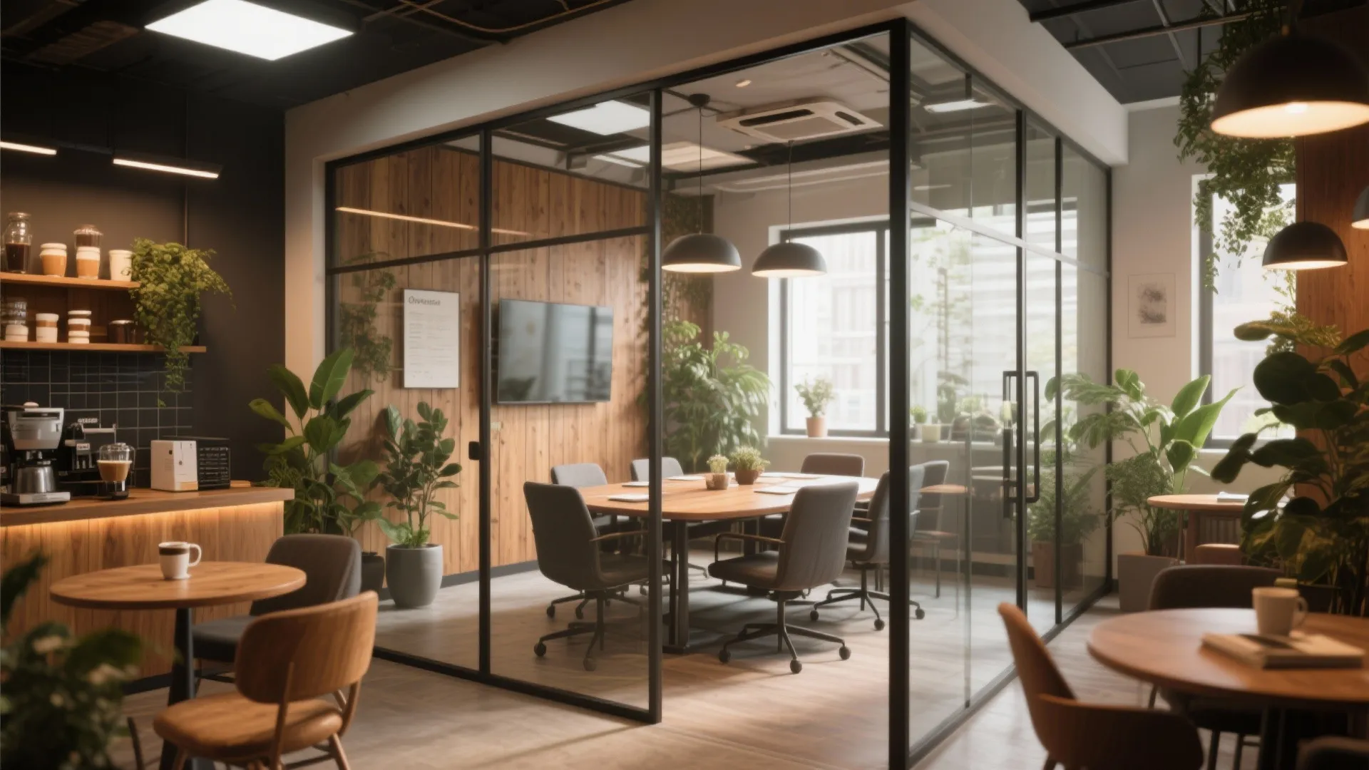 Modern office interior with glass meeting room wooden wall panels green plants and coffee station