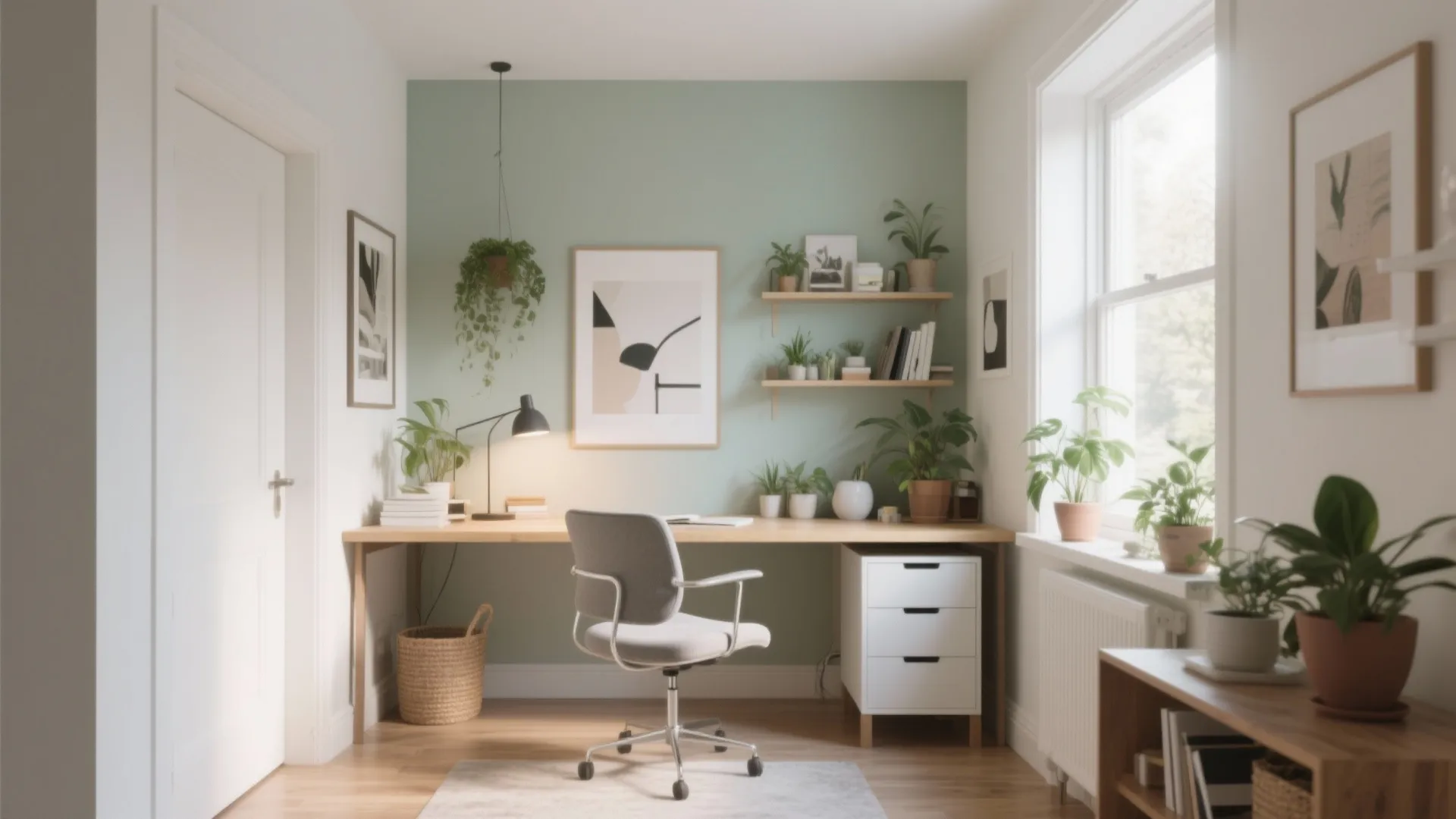 Bright home office with light green wall wooden desk grey chair potted plants and natural light