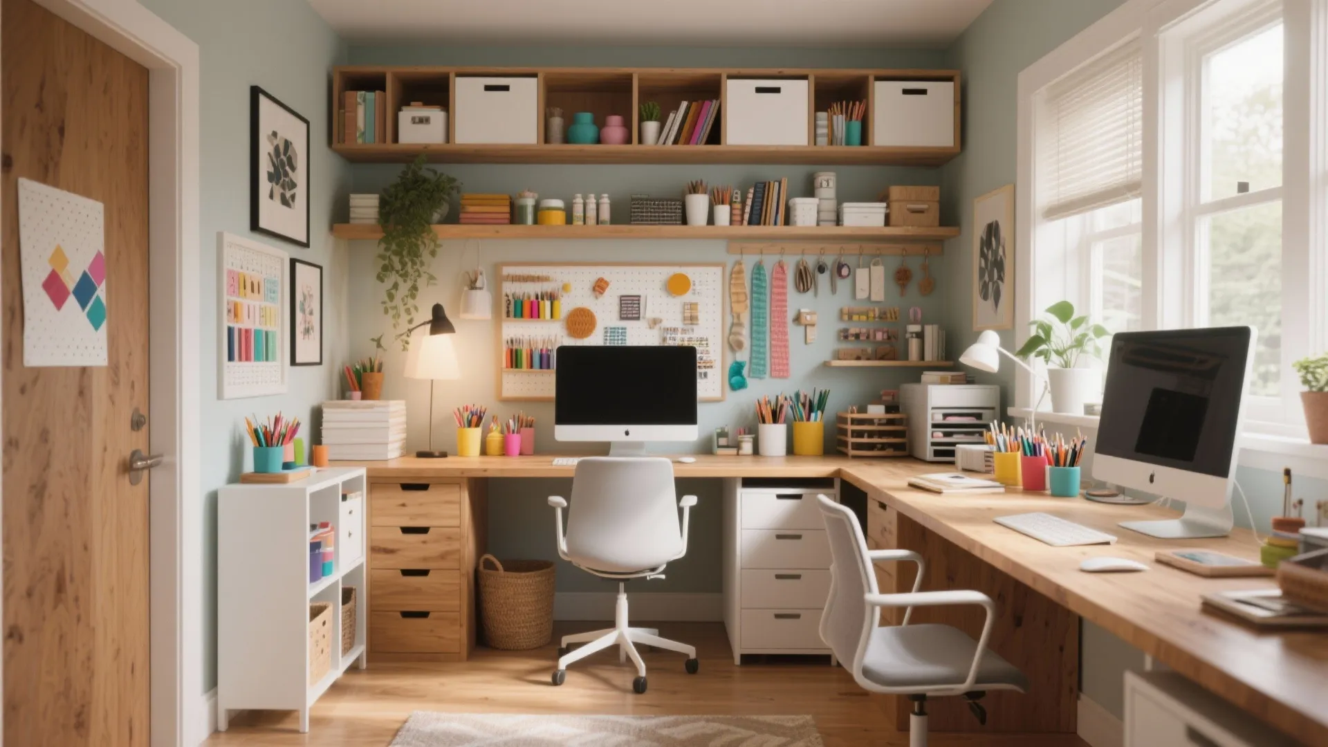 Bright craft room with large wooden desk two white chairs computers and colorful art supply storage