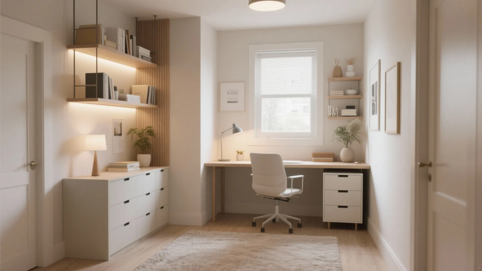 Minimalist home office with white desk wooden shelves rolling chair window blinds cabinet and rug