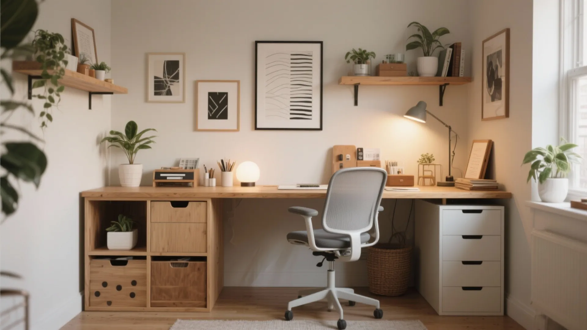 Large wooden corner desk with white office chair, wall shelves, potted plants, and framed pictures