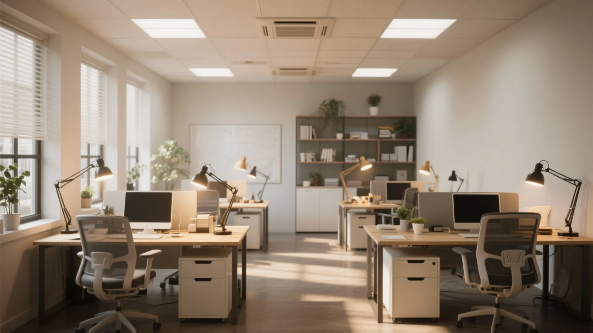 Modern open office interior design with multiple wooden desks black desk lamps and white chairs