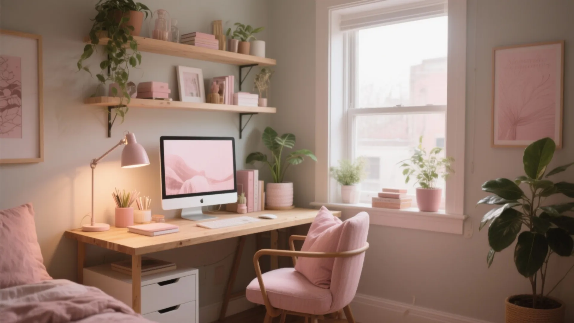 Cozy home office with pink chair wooden desk computer green plants and light wall shelves