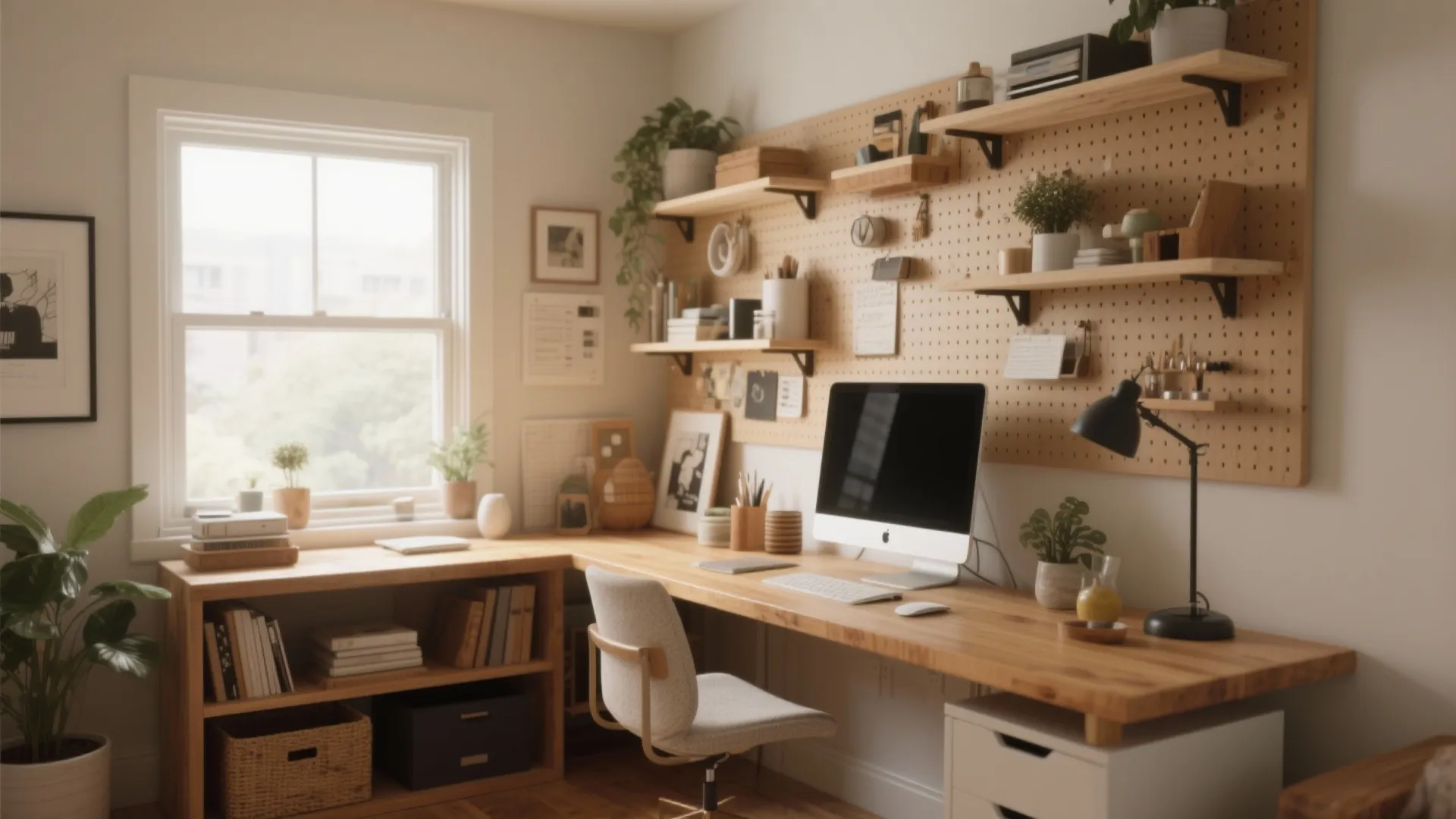 Small home office with corner wooden desk wall mounted pegboard shelves and large window view