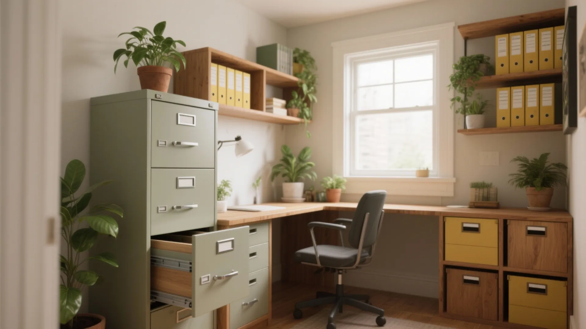Home office with green metal cabinet wooden desk black chair wall shelves and many green plants