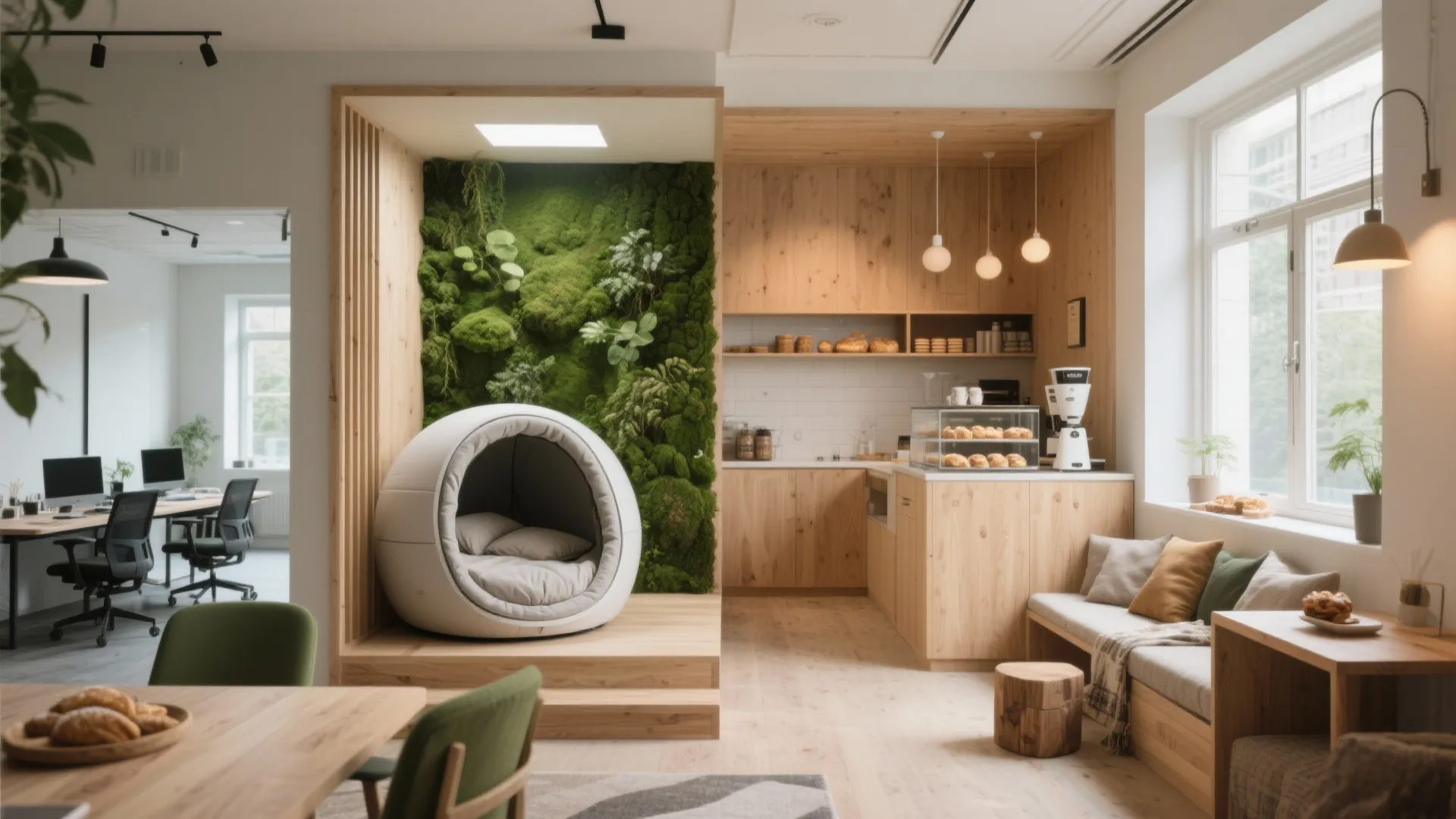 Modern office breakroom featuring wood cabinets green plant wall sleeping pod and comfortable seating area