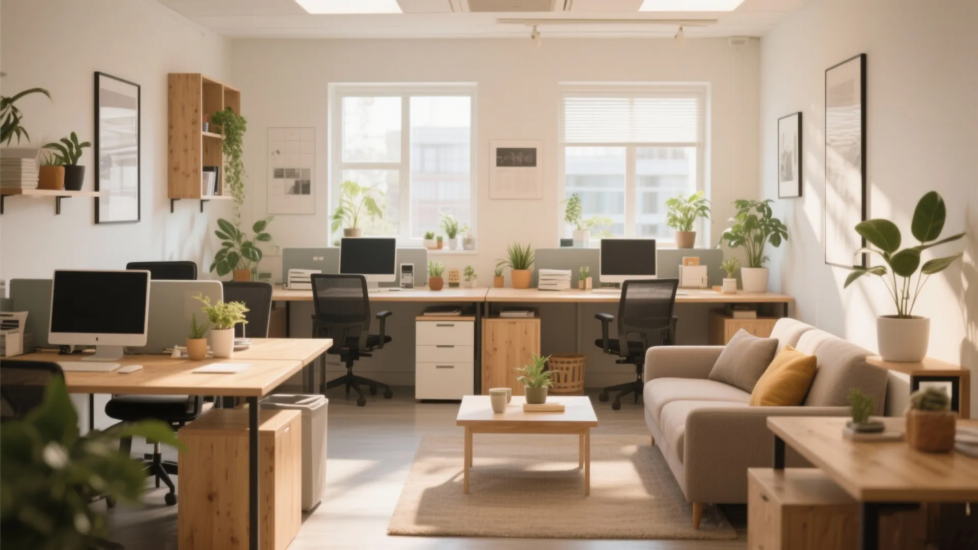 Modern office interior with wooden desks, computers, green plants, and a comfortable grey sofa area