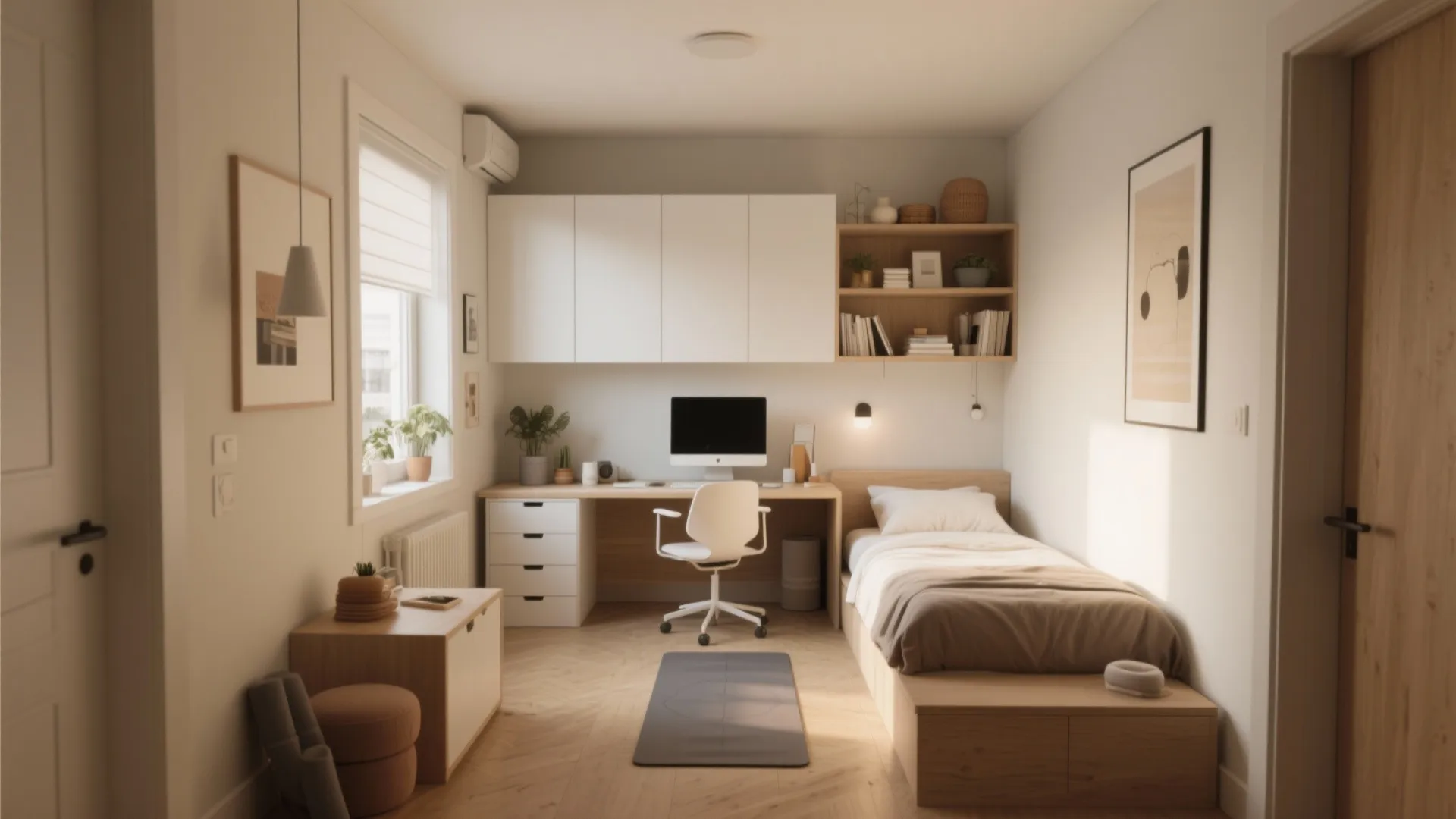 Small home office with a wooden desk white chair single bed and white wall cabinets