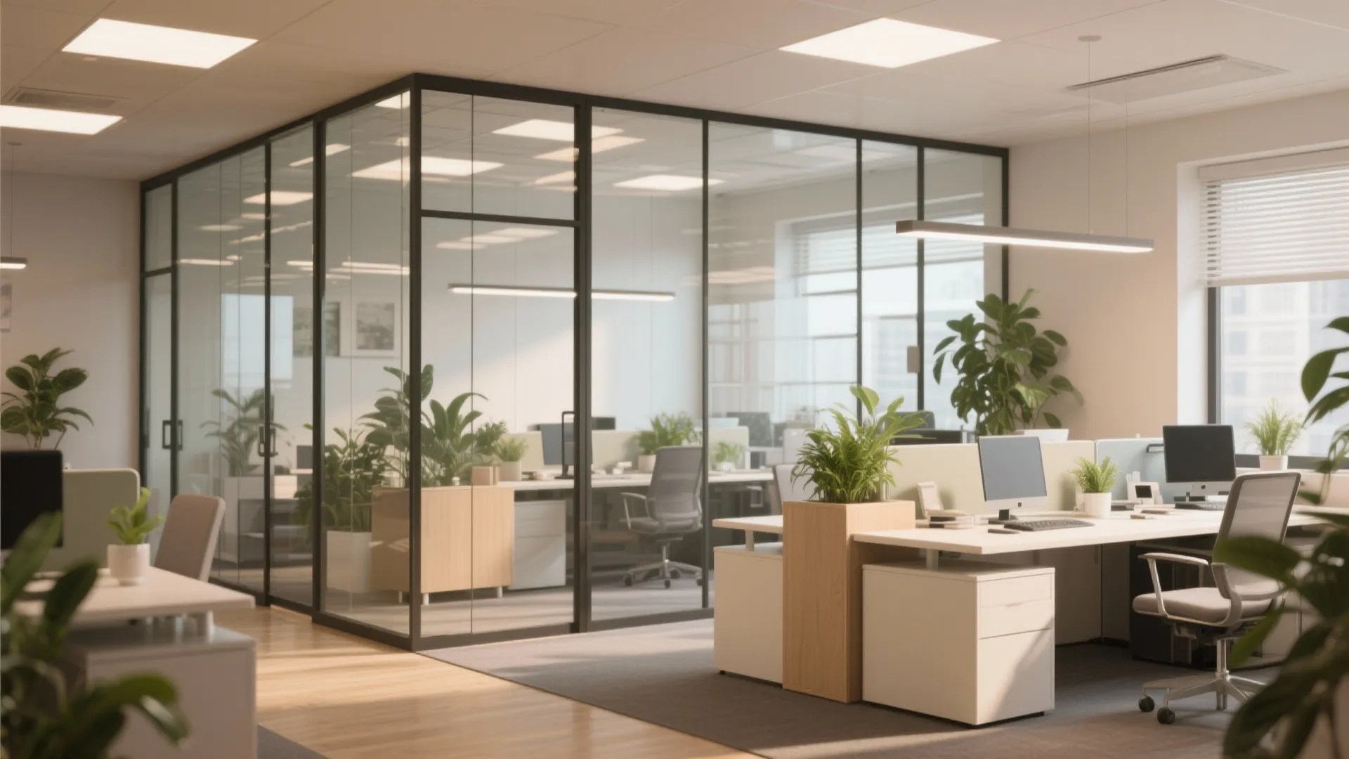Bright modern office interior with glass walls green plants white desks and plenty of sunlight