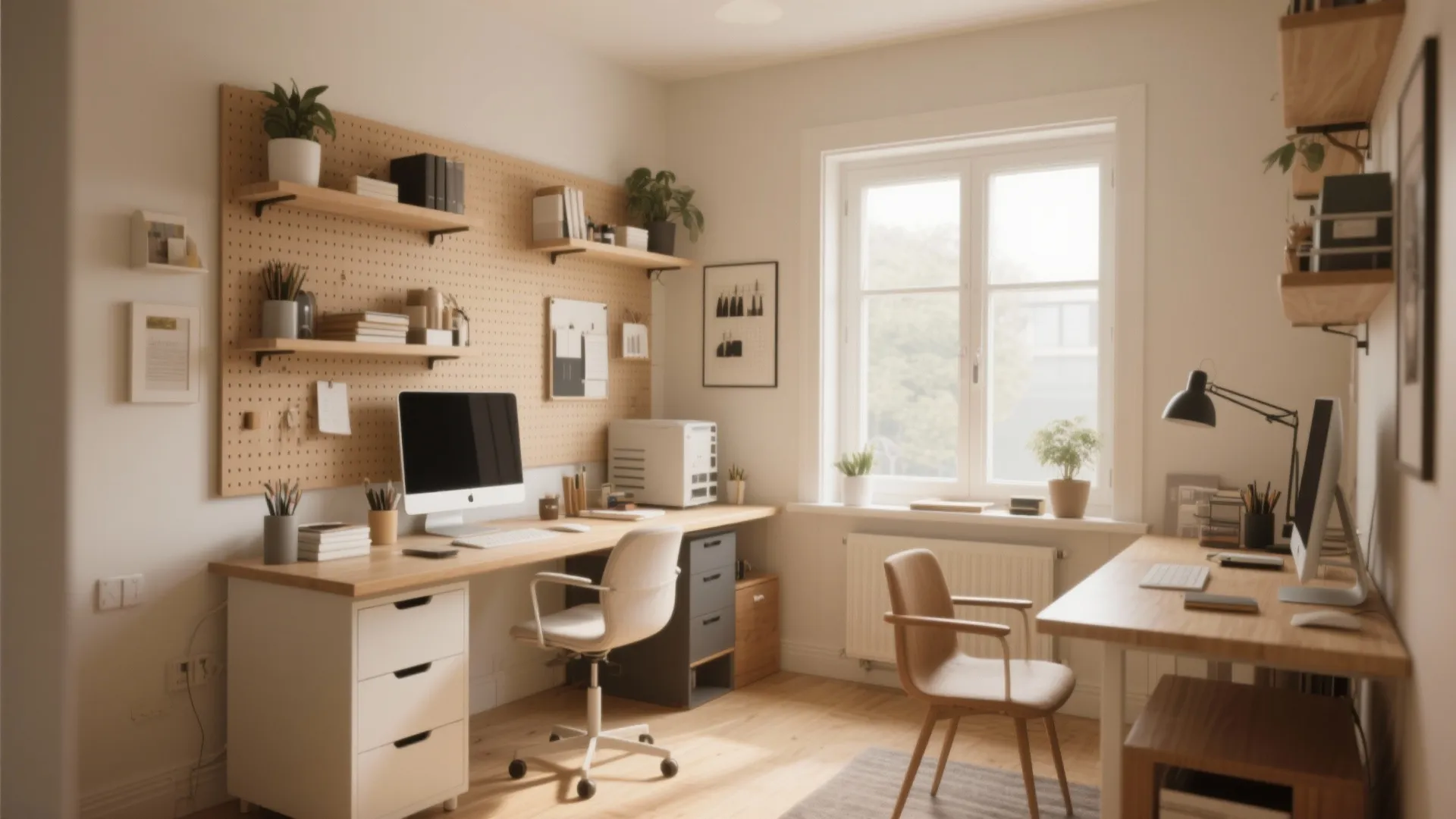 Home office with two wooden desks white chairs wall organizer board and a bright window