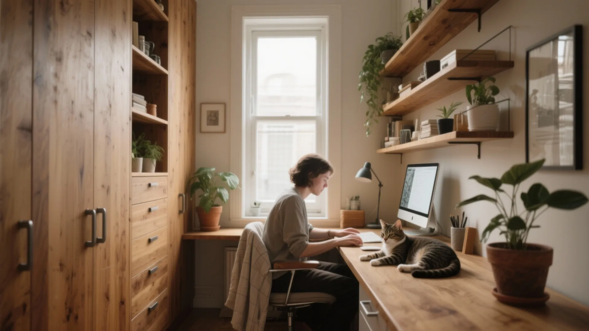 Person at wooden desk with computer and cat near wall shelves and wooden office cabinet