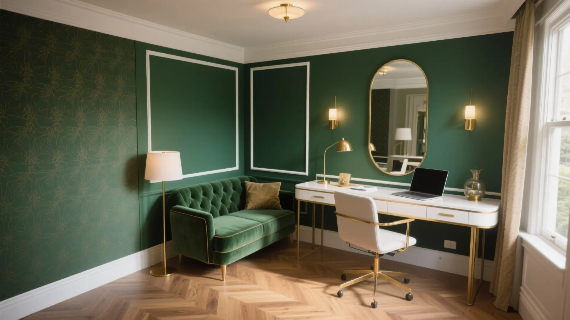 Classic home office with green walls, velvet sofa, white desk, gold lamp, and wooden floor