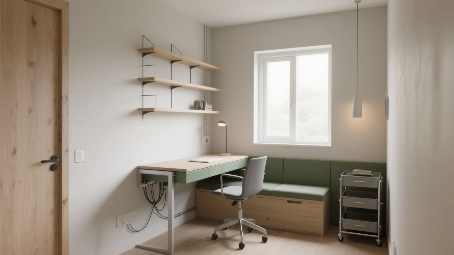 Small home office with wooden desk green bench grey chair wall shelves and natural window