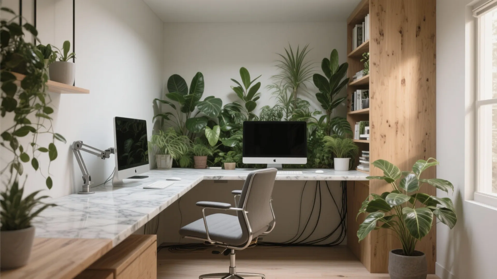 Small home office with marble desk two computers office chair wooden bookshelf and green plants