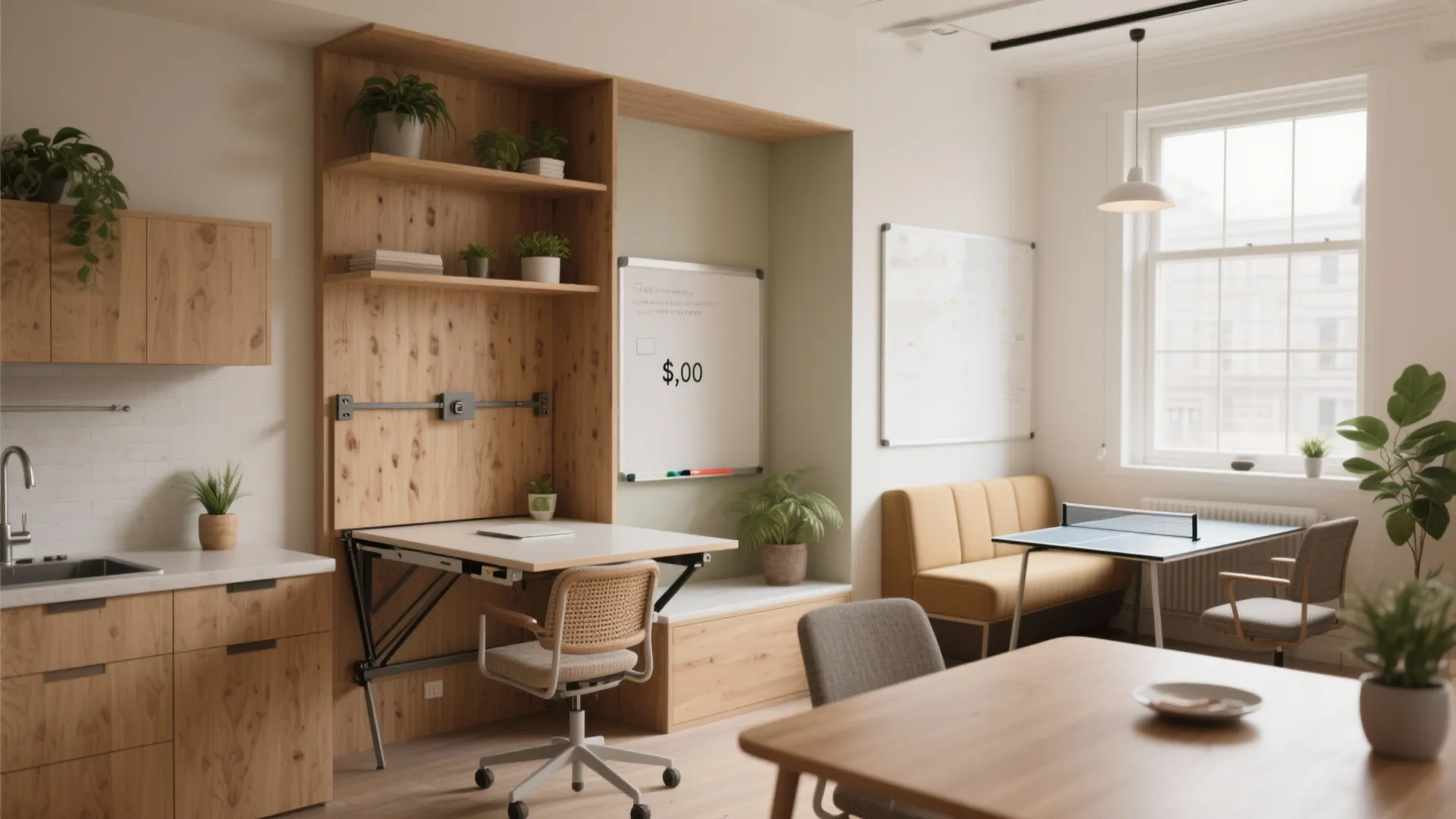 Modern small office with wooden cabinets white chair foldable desk yellow sofa and table tennis