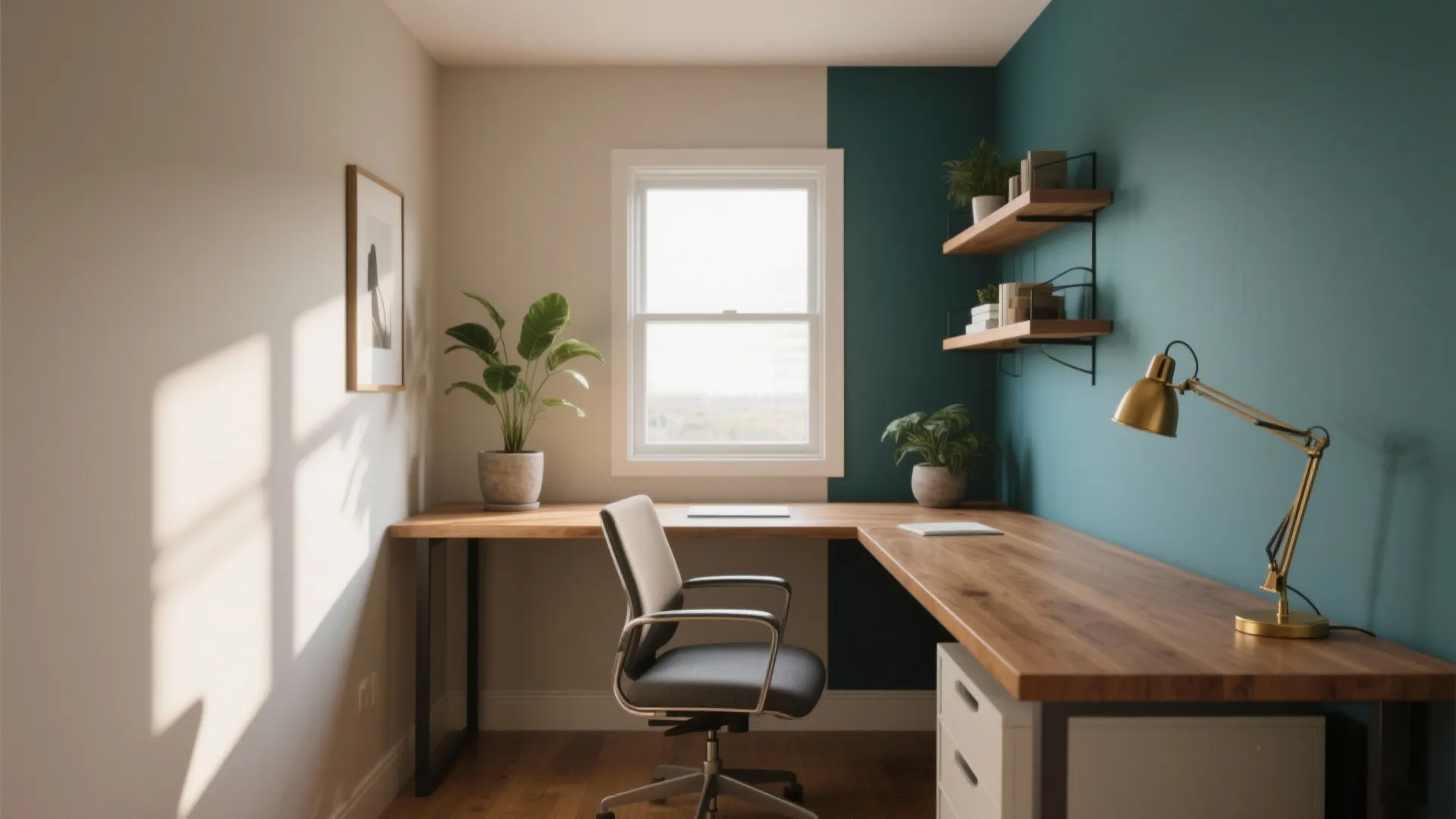 Modern home office with wooden desk and teal accent wall plus shelving and desk chair
