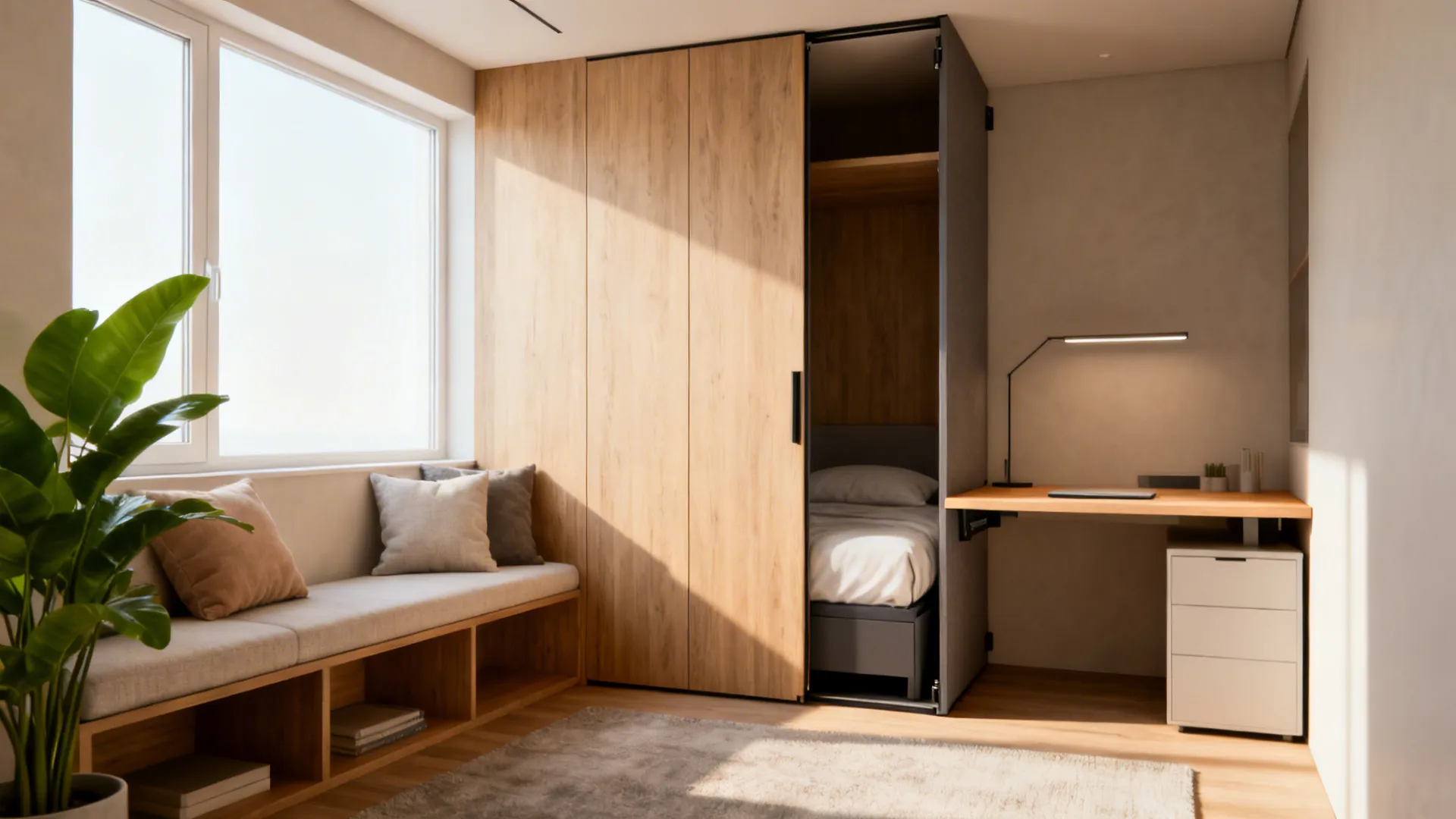 Small multi-purpose room featuring window seat wooden wardrobe with hidden bed and wall mounted desk
