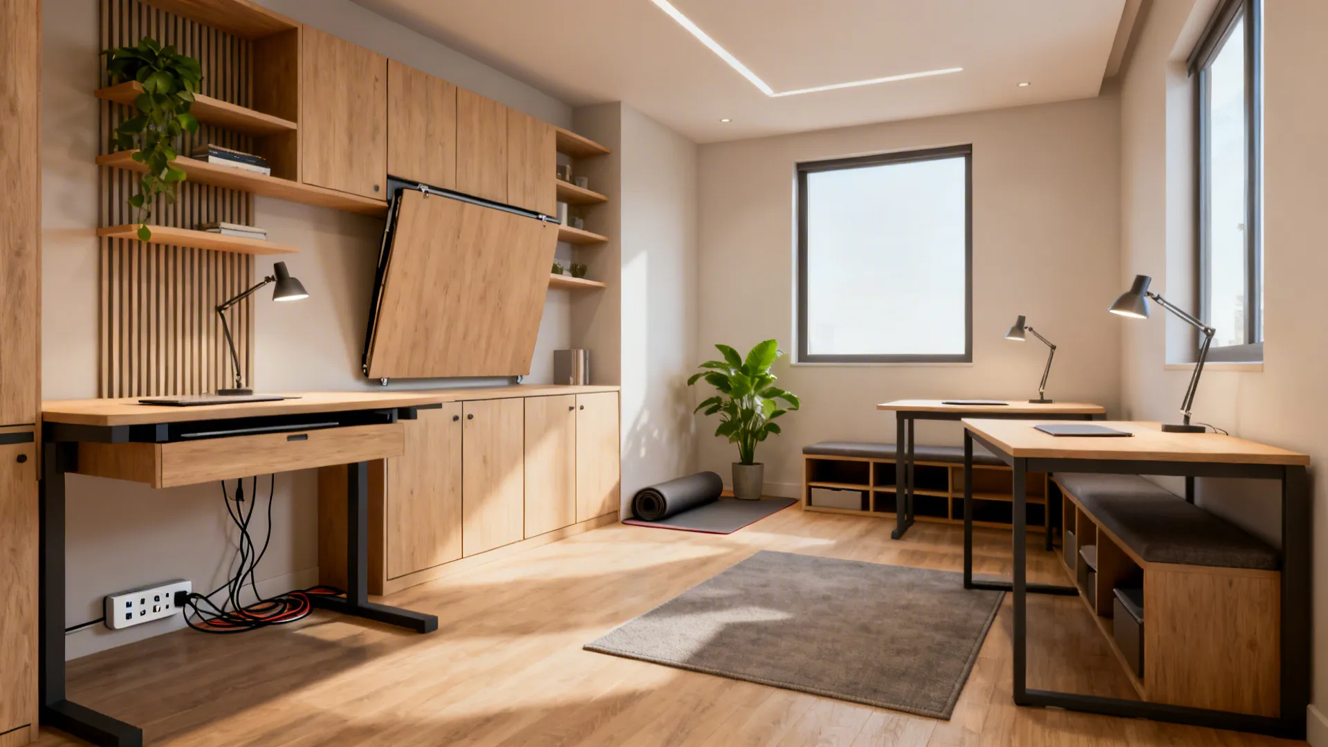 Modern home office interior design with wooden desks wall cabinets grey rug and yoga mat floor