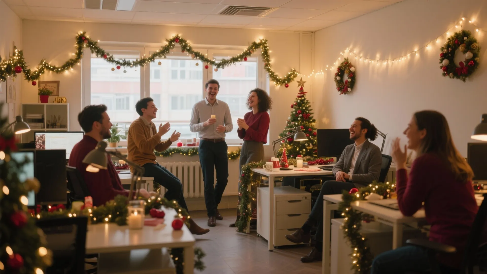 Group of colleagues celebrating Christmas in a decorated office with a small tree and lights