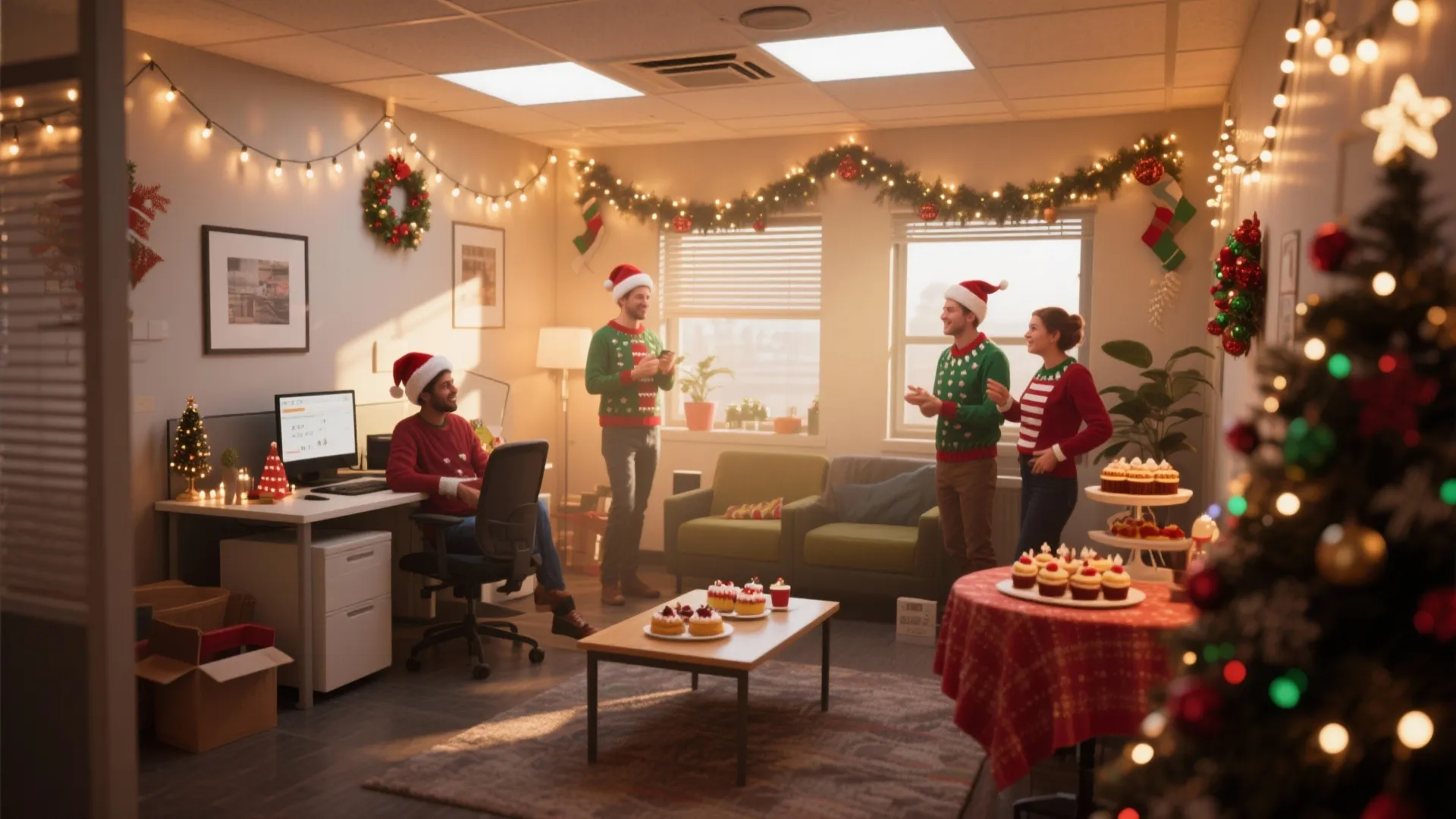 Office room decorated for Christmas with festive string lights a small tree and people celebrating