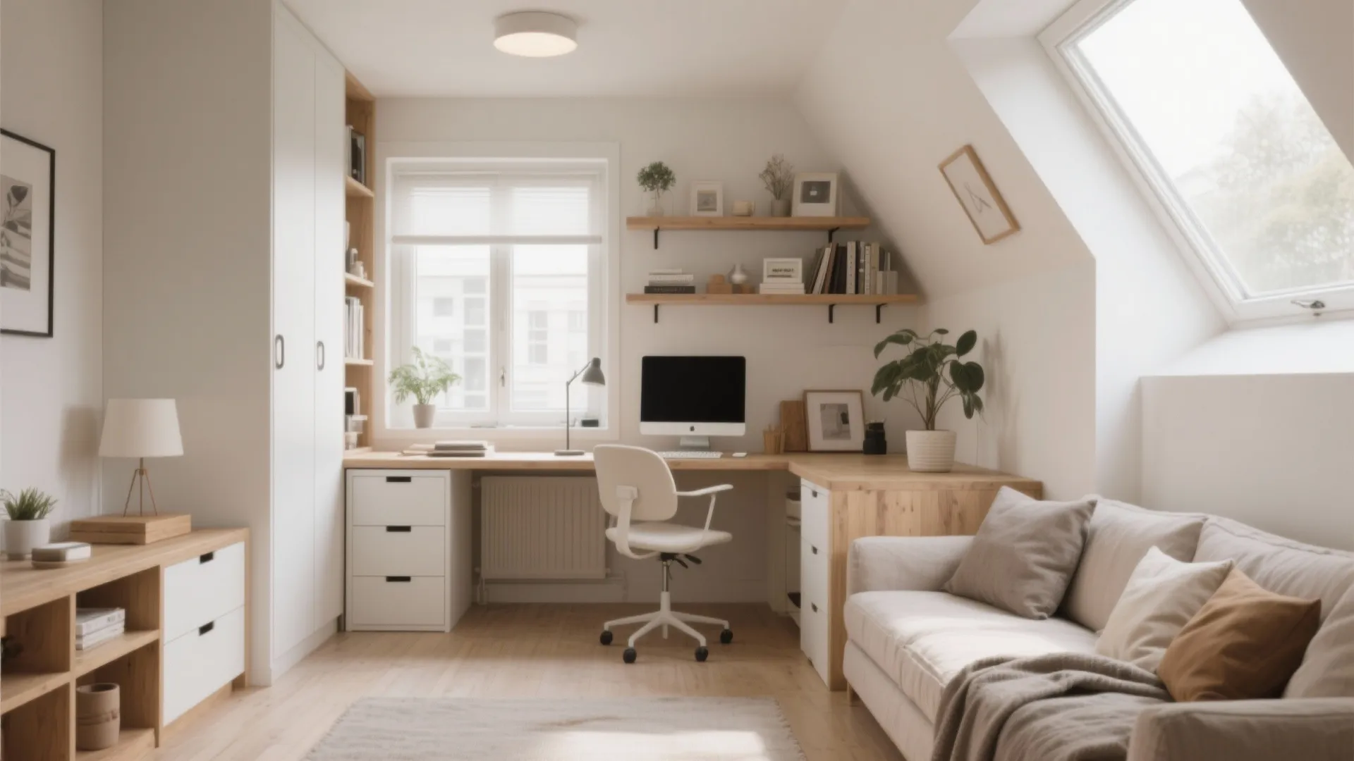 Small home office with corner desk white chair sofa ceiling light and a roof window