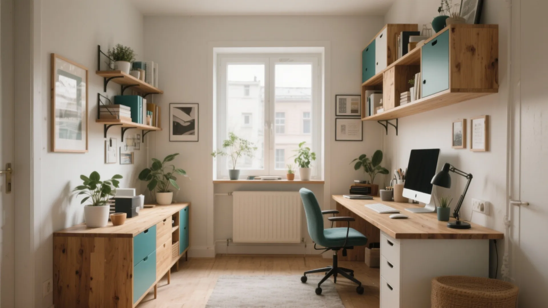Bright home office featuring two wooden desks with blue drawers, teal chair, and wall shelves
