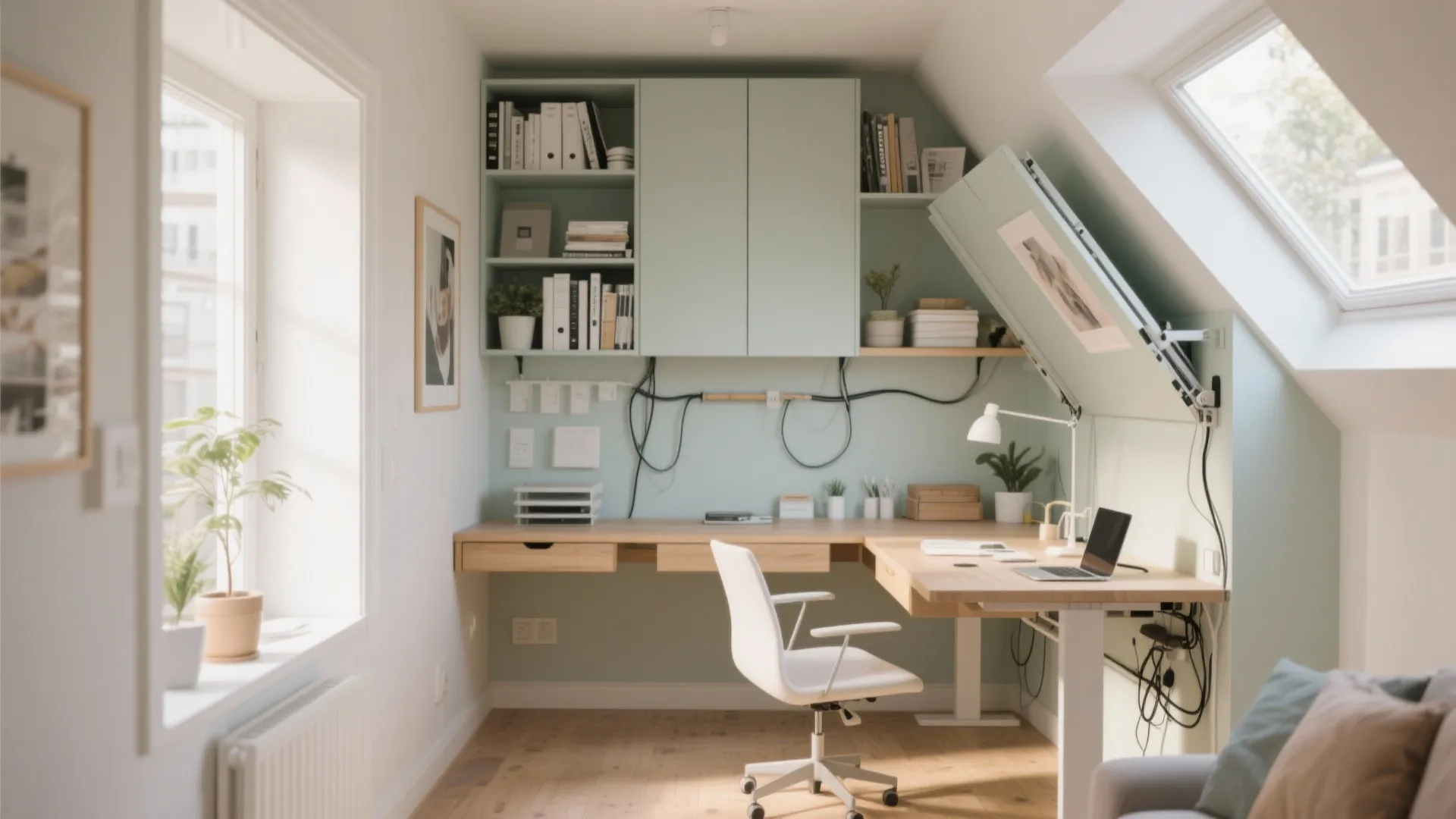 Modern home office with light green cabinets L-shaped wooden desk white chair and roof window