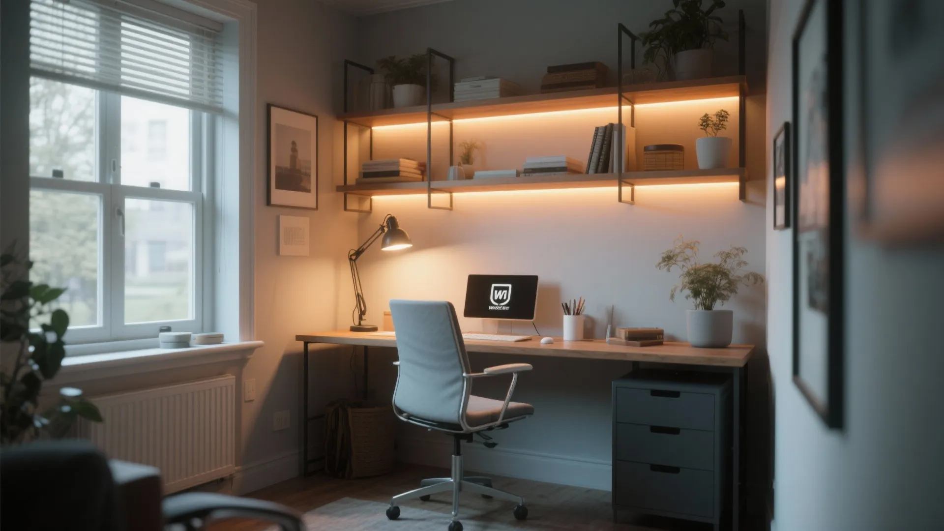 Small home office with natural light, desk lamp, and LED strip lighting