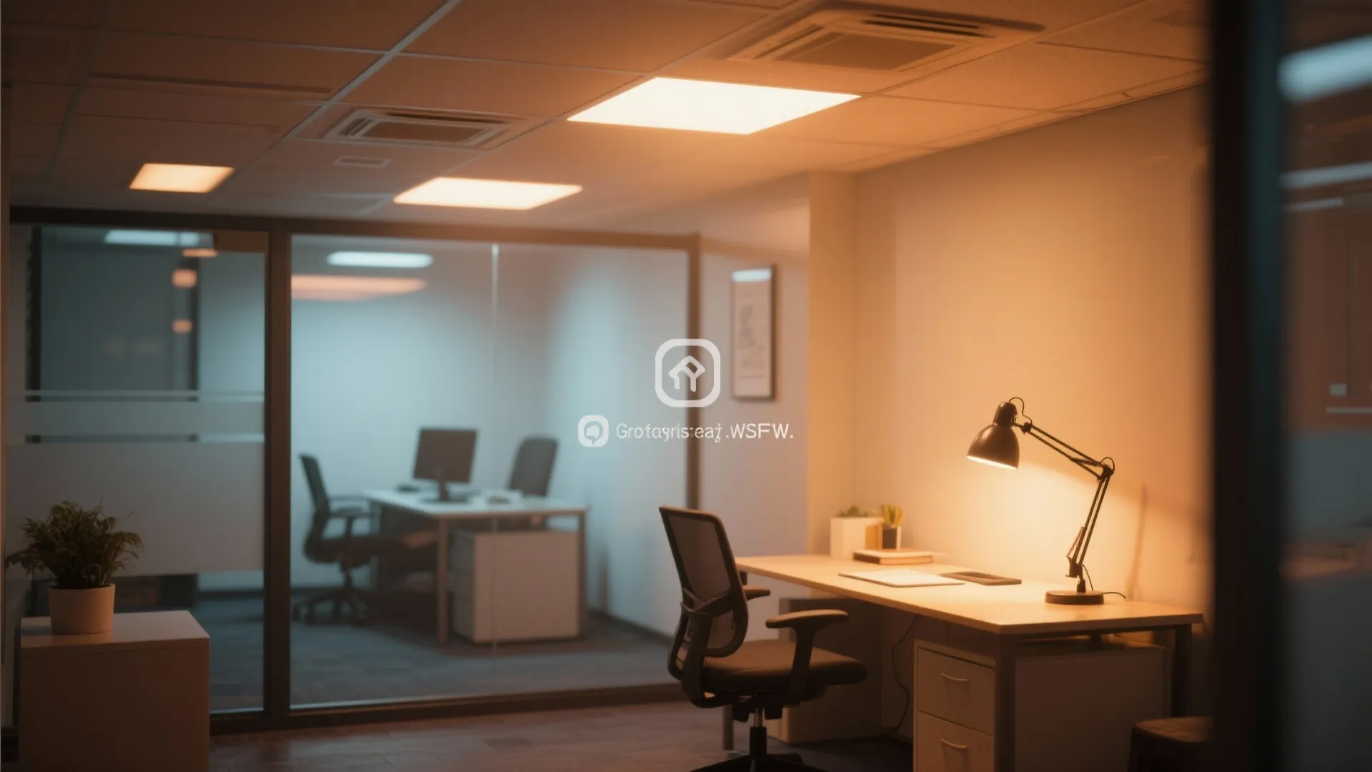 Small office setup with warm ceiling lights black desk lamp white desk and glass partition