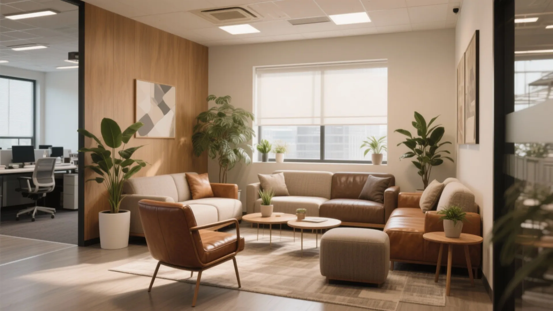 Modern office lounge with leather sofas wood wall panel round coffee tables and green potted plants