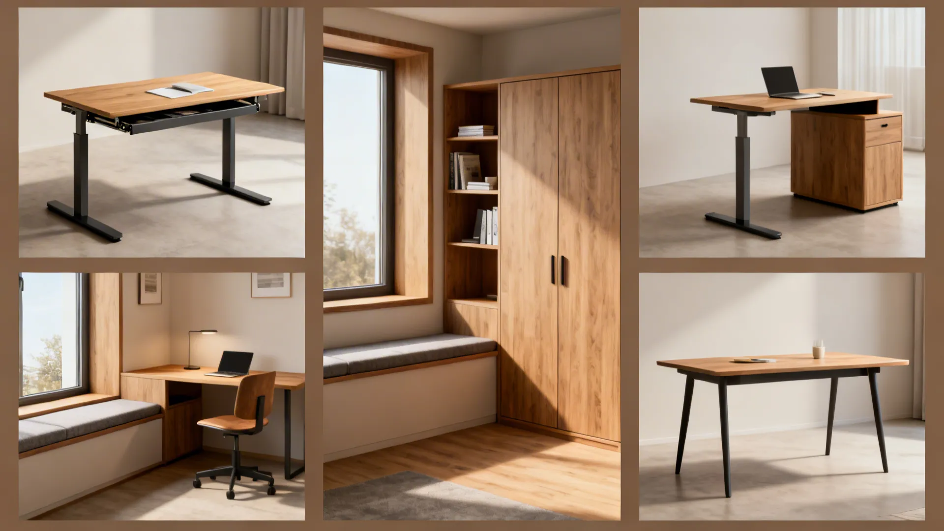 Montage of several small home office solutions: fold-down desk, window seat, corner desk, wardrobe desk and dining table setup