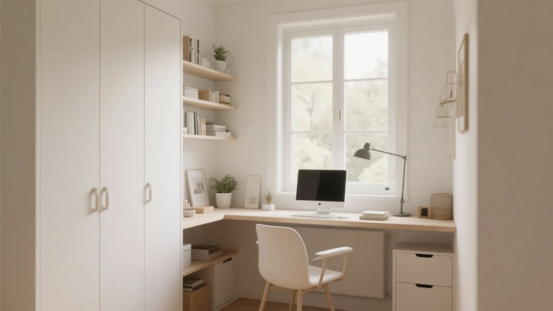 Minimalist home office corner with white chair wooden desk computer wall shelves and large white window