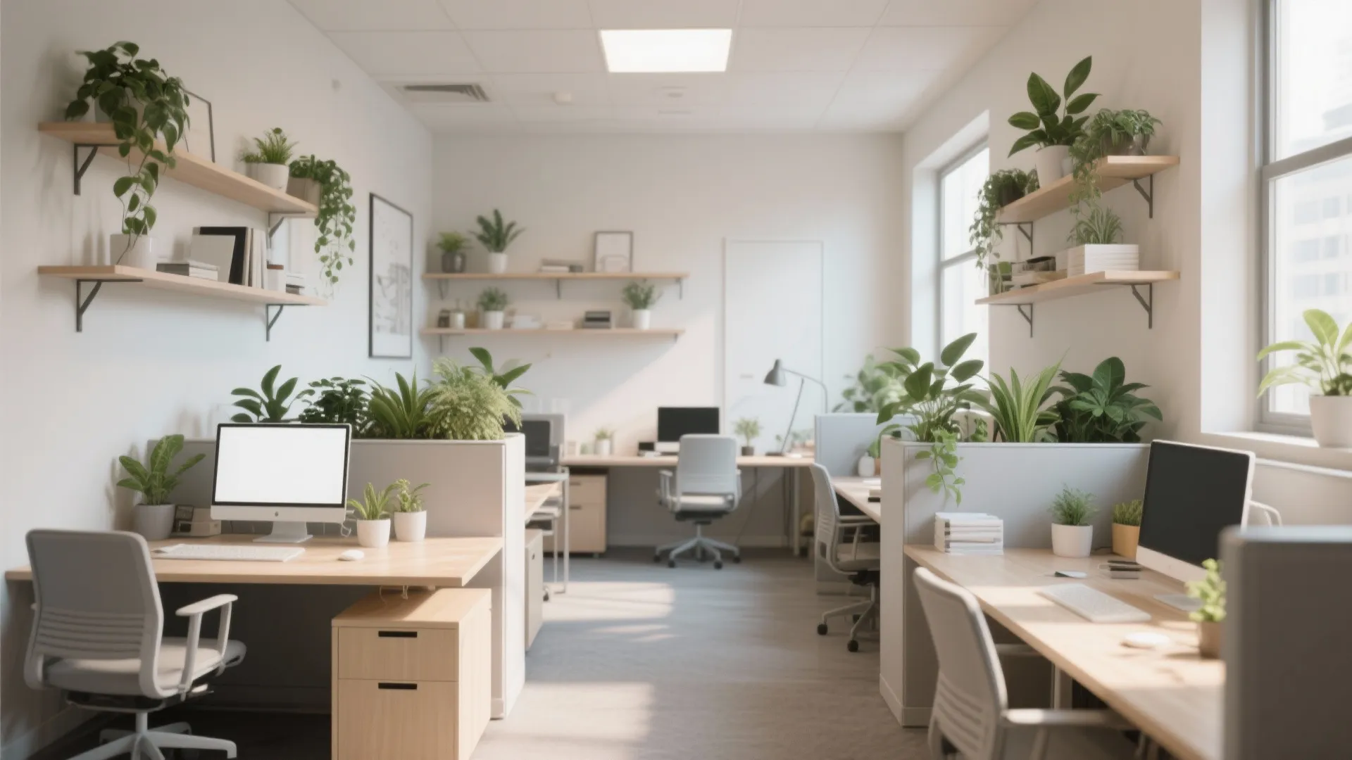 Bright open office workspace with white desks green plants wall shelves and grey office chairs