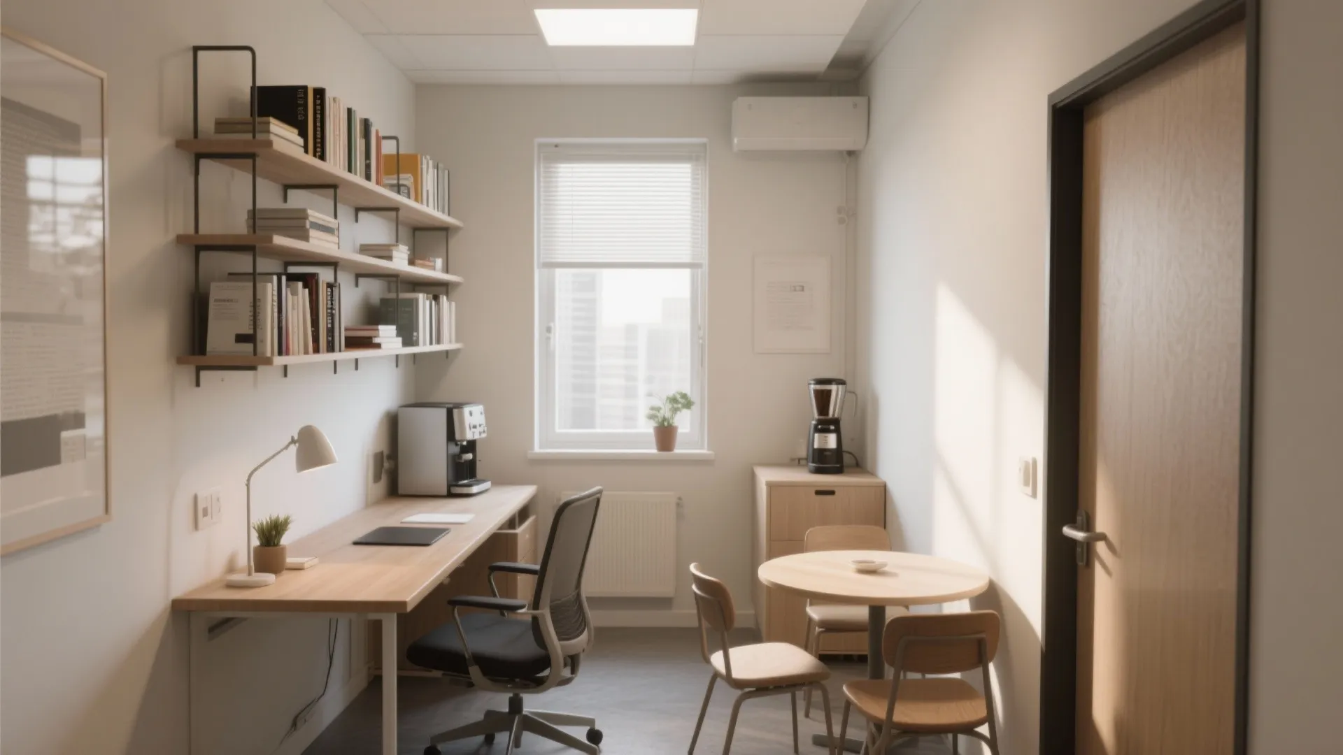 Bright small office room with long wooden desk wall shelves chairs and a round table