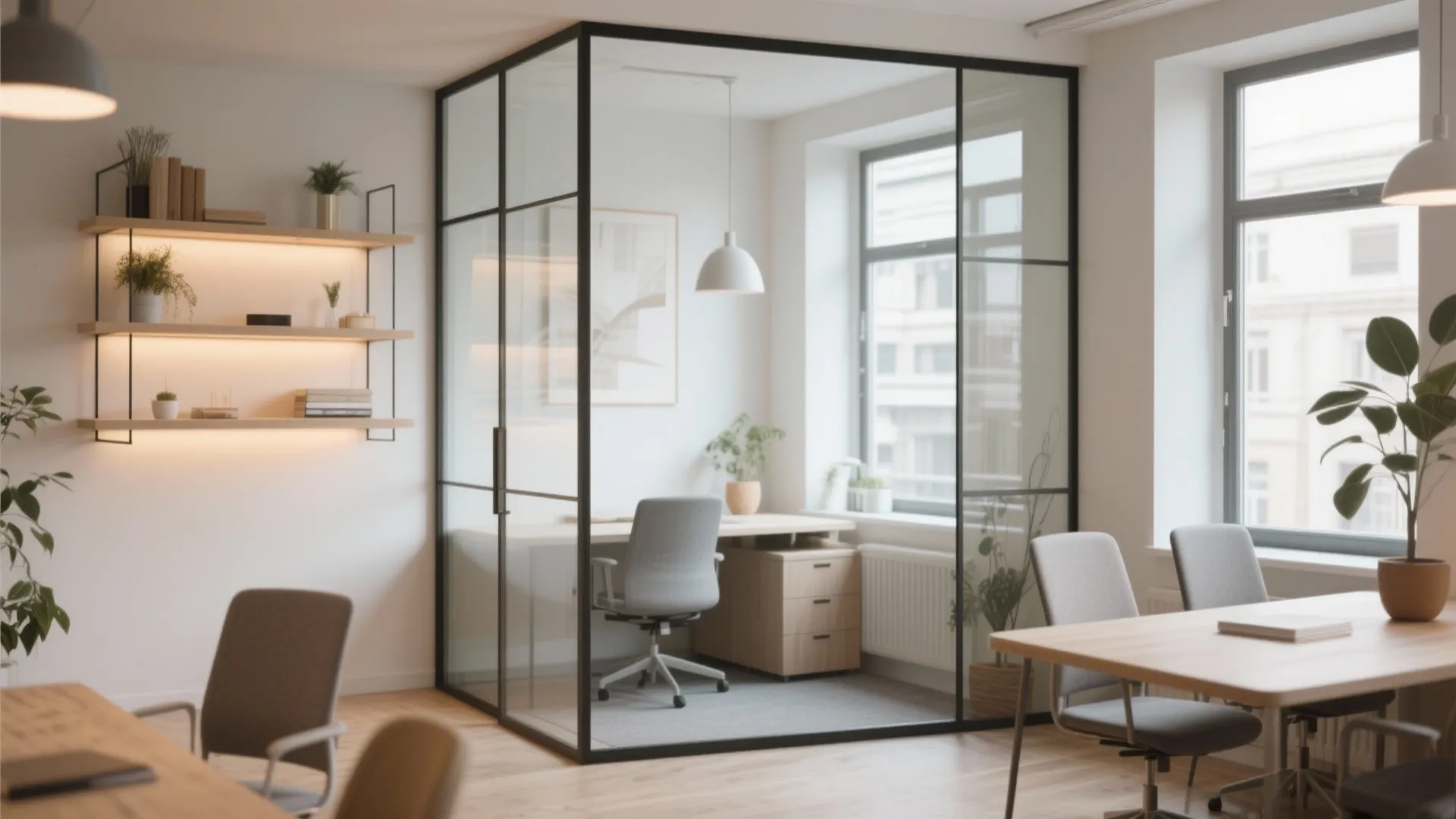 Open office interior design with glass partition, wooden desks, grey chairs, and natural window light