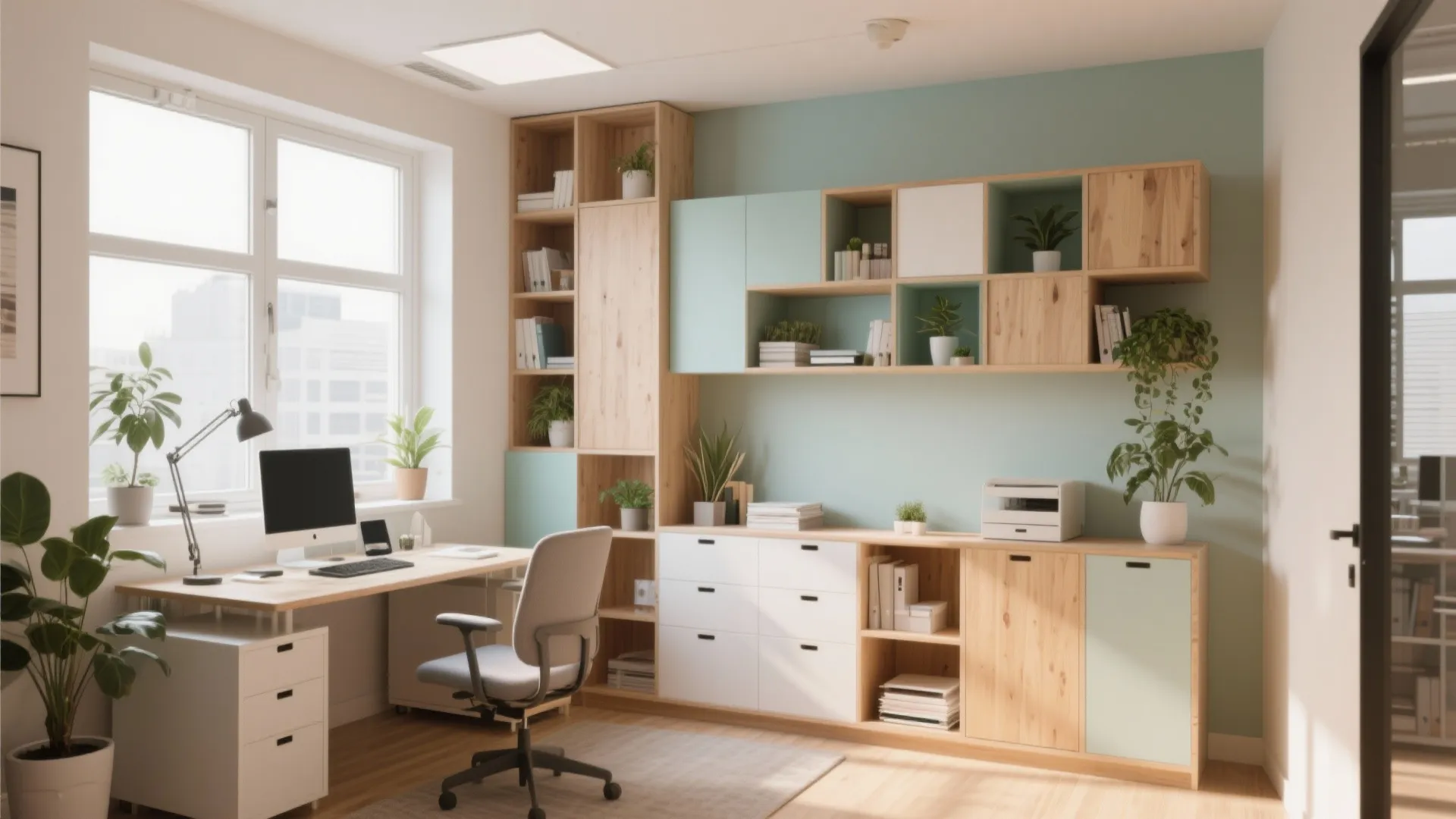 Bright home office room layout featuring a wooden desk chair and custom green wall cabinets