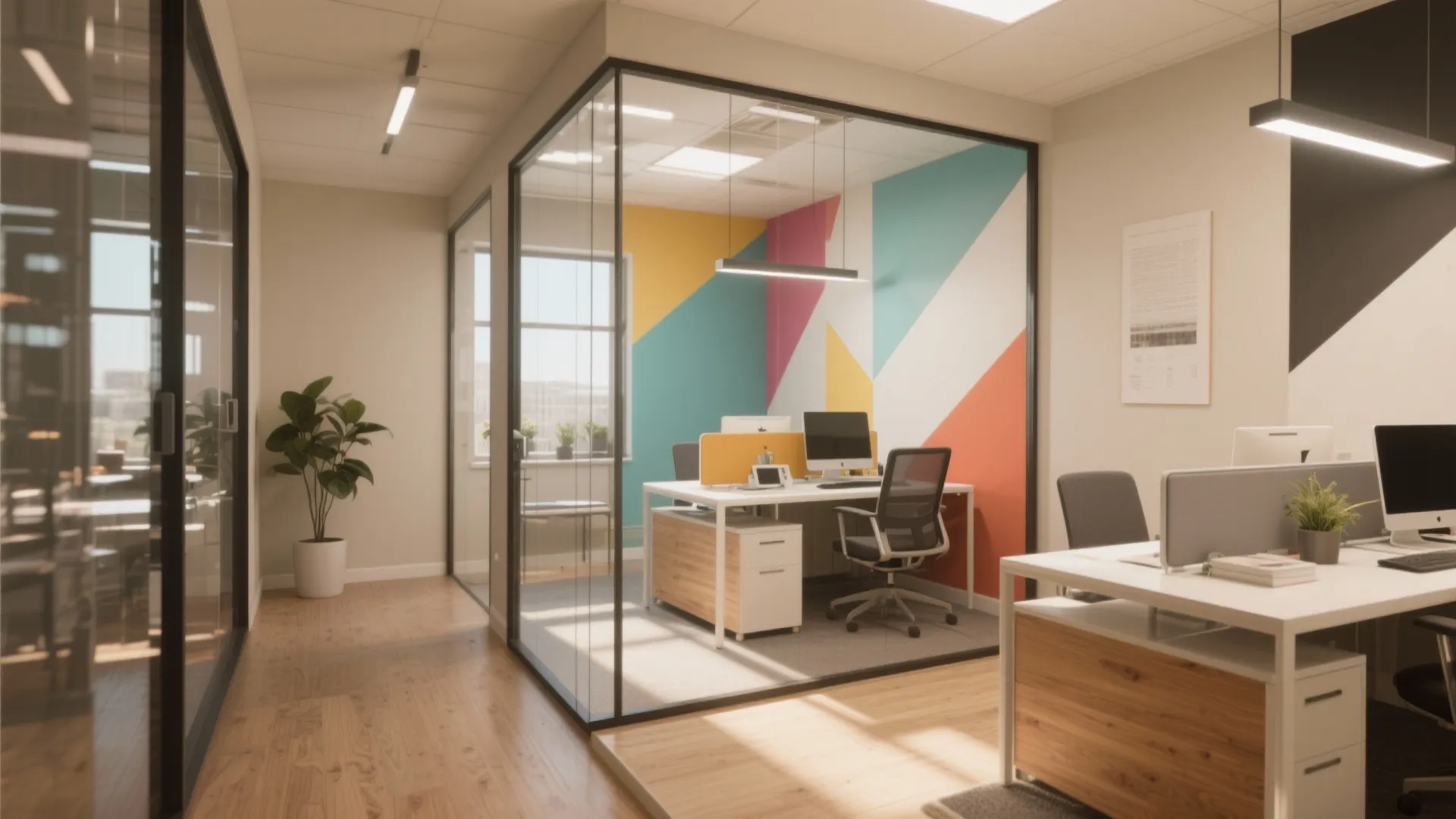 Office interior design drawing showing glass cubicle with colorful geometric wall paint and white work desks