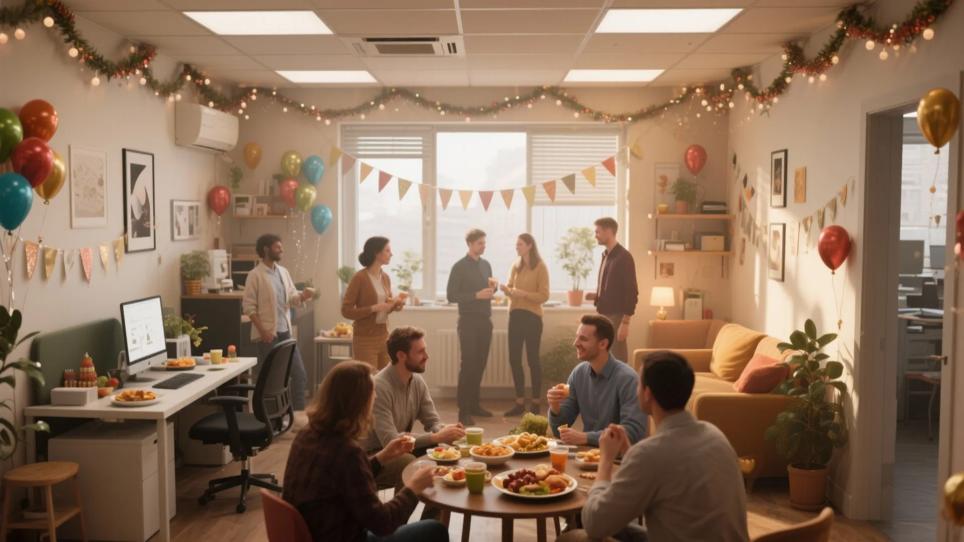 Office party with people eating around a table decorated with colorful balloons and festive garlands