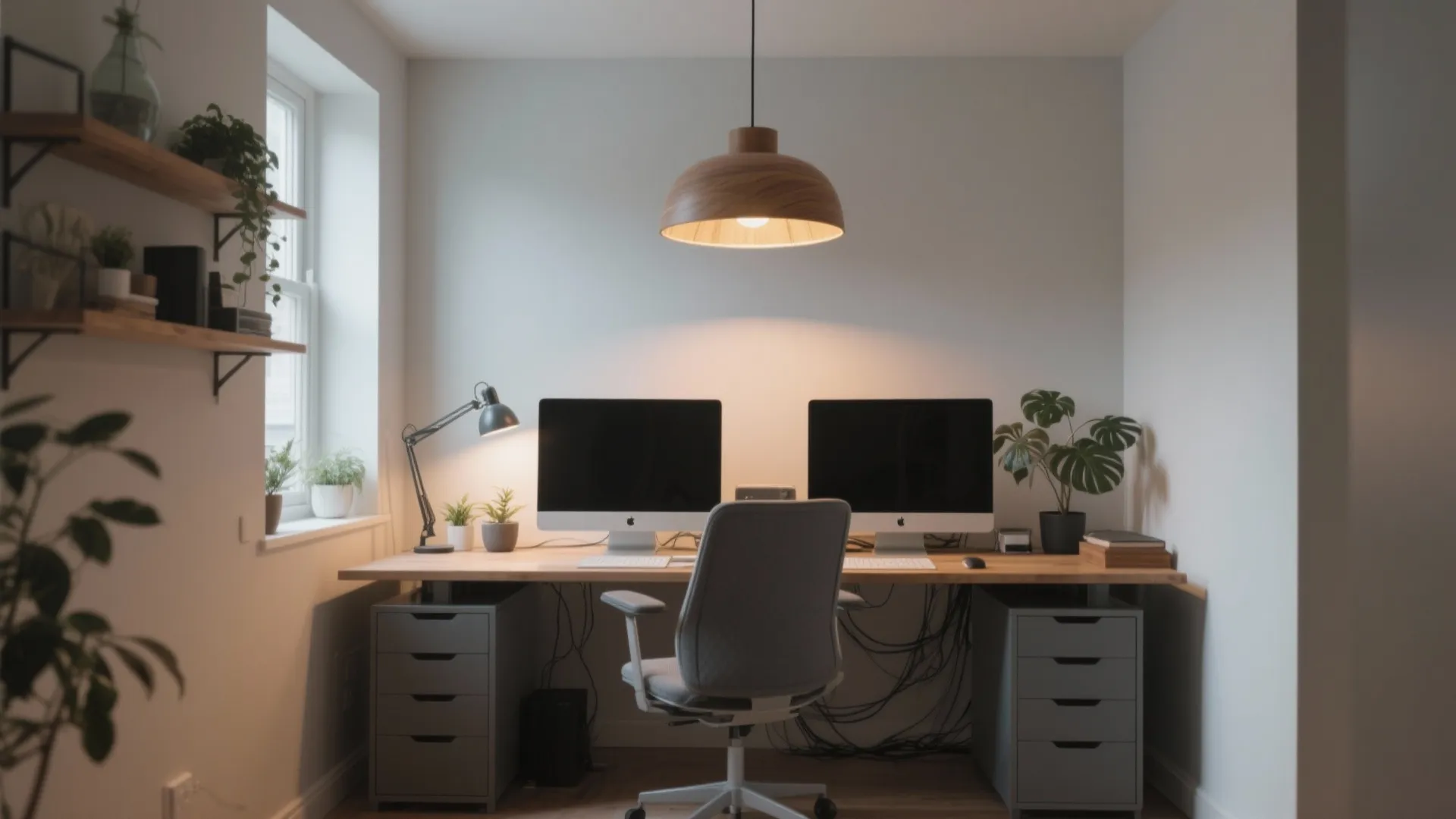 Home office setup with wooden ceiling light over desk with two monitors and grey cabinets