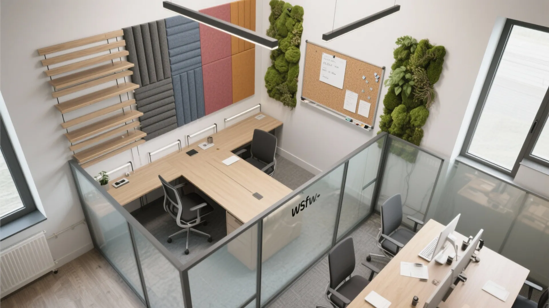 Modern office interior design drawing with wooden desks grey chairs glass partitions and green plant walls